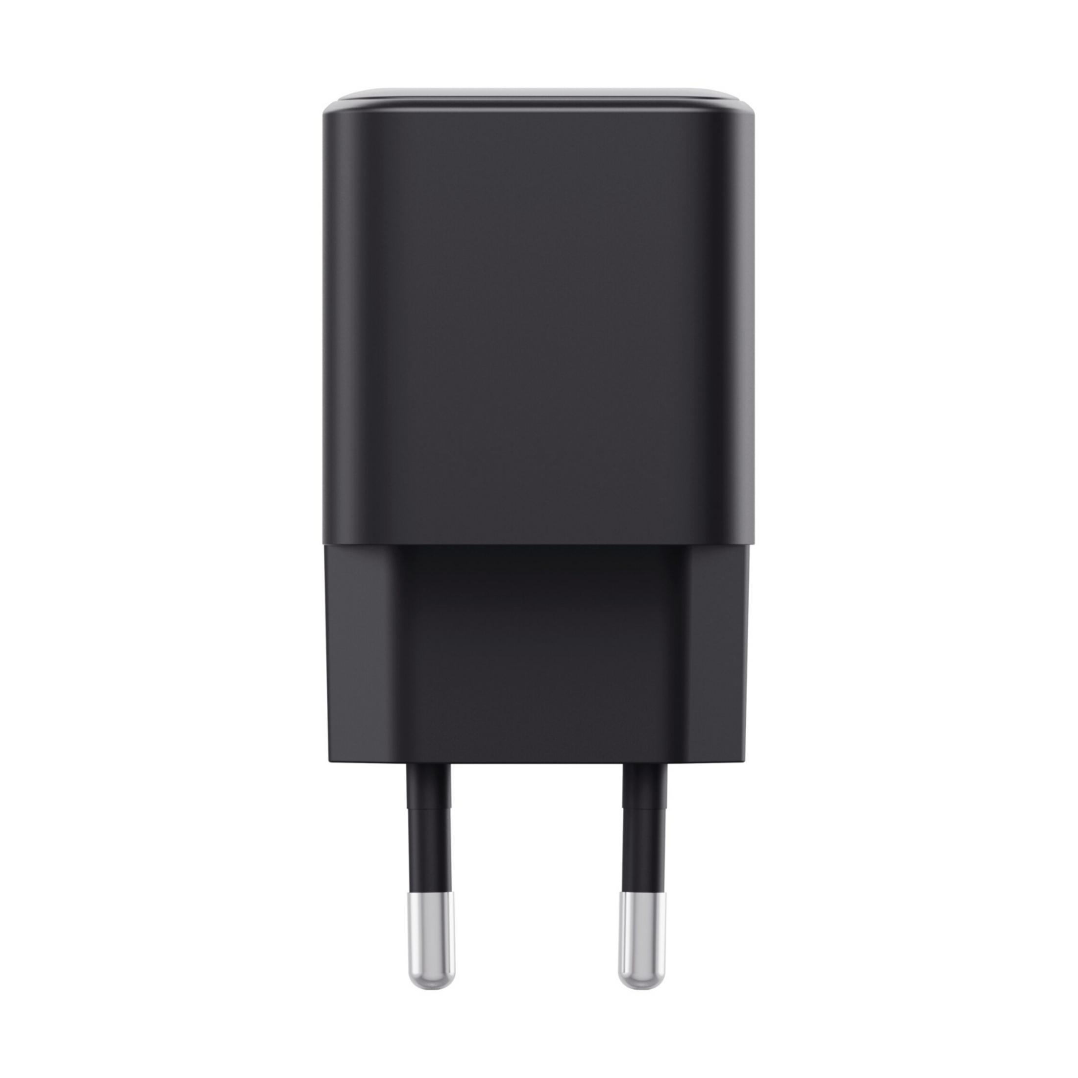 Un adaptateur secteur noir avec deux broches rondes en métal.