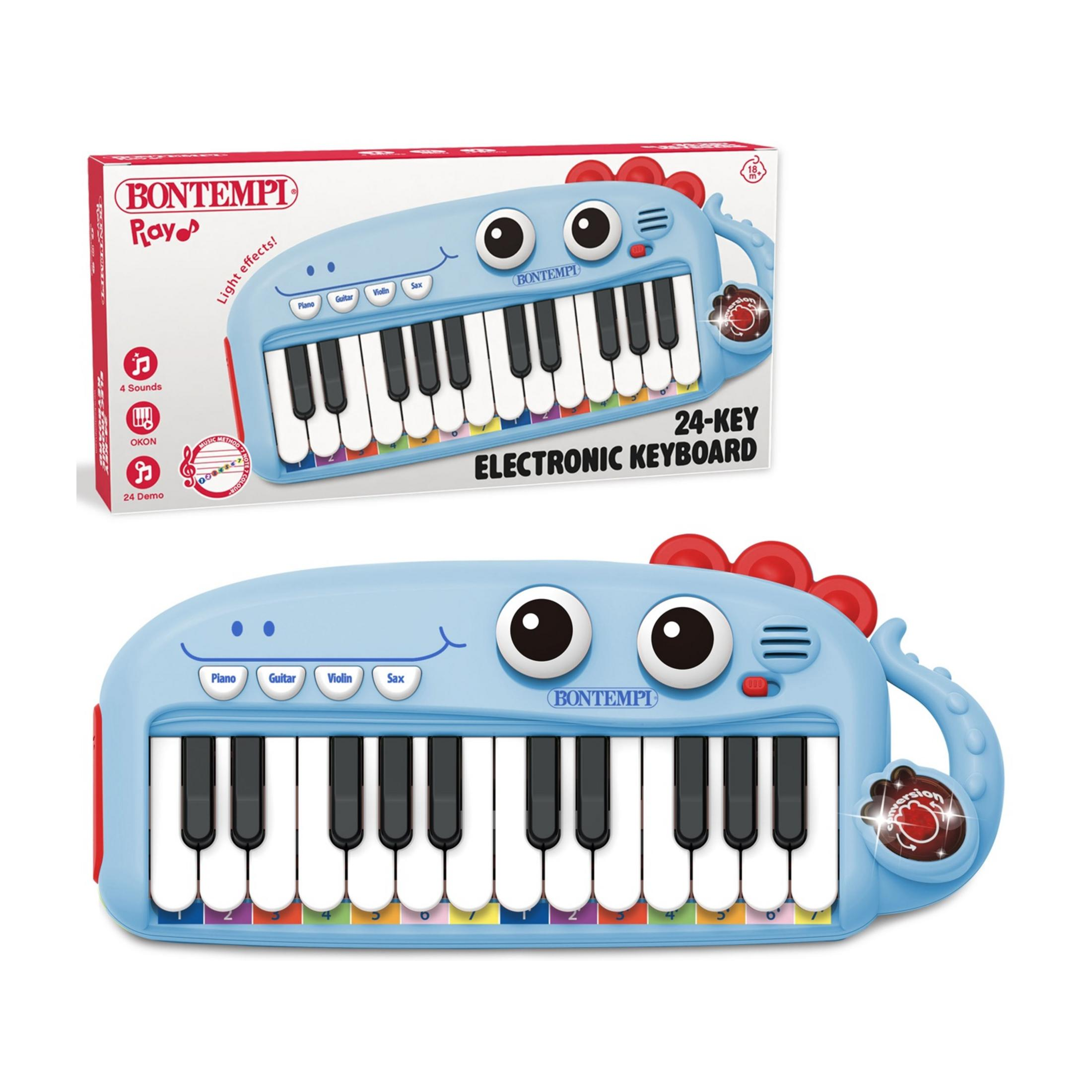 Ein blaues Spielzeugklavier mit 24 Tasten in Dino-Form. Es hat Augen, rote Hörner und Tasten.