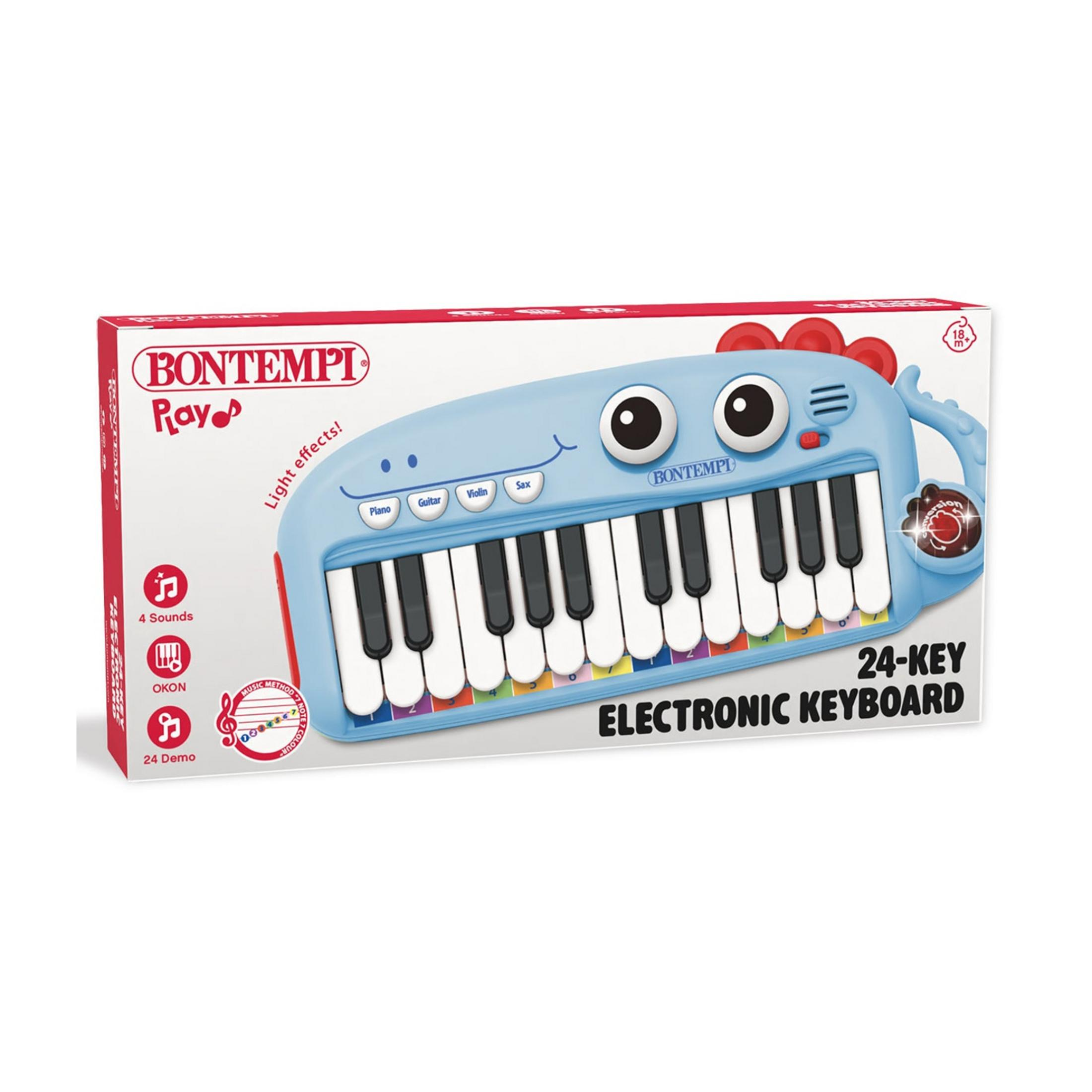 Ein blaues Bontempi 24-Tasten-Keyboard mit lustigem Gesicht und bunten Tasten.