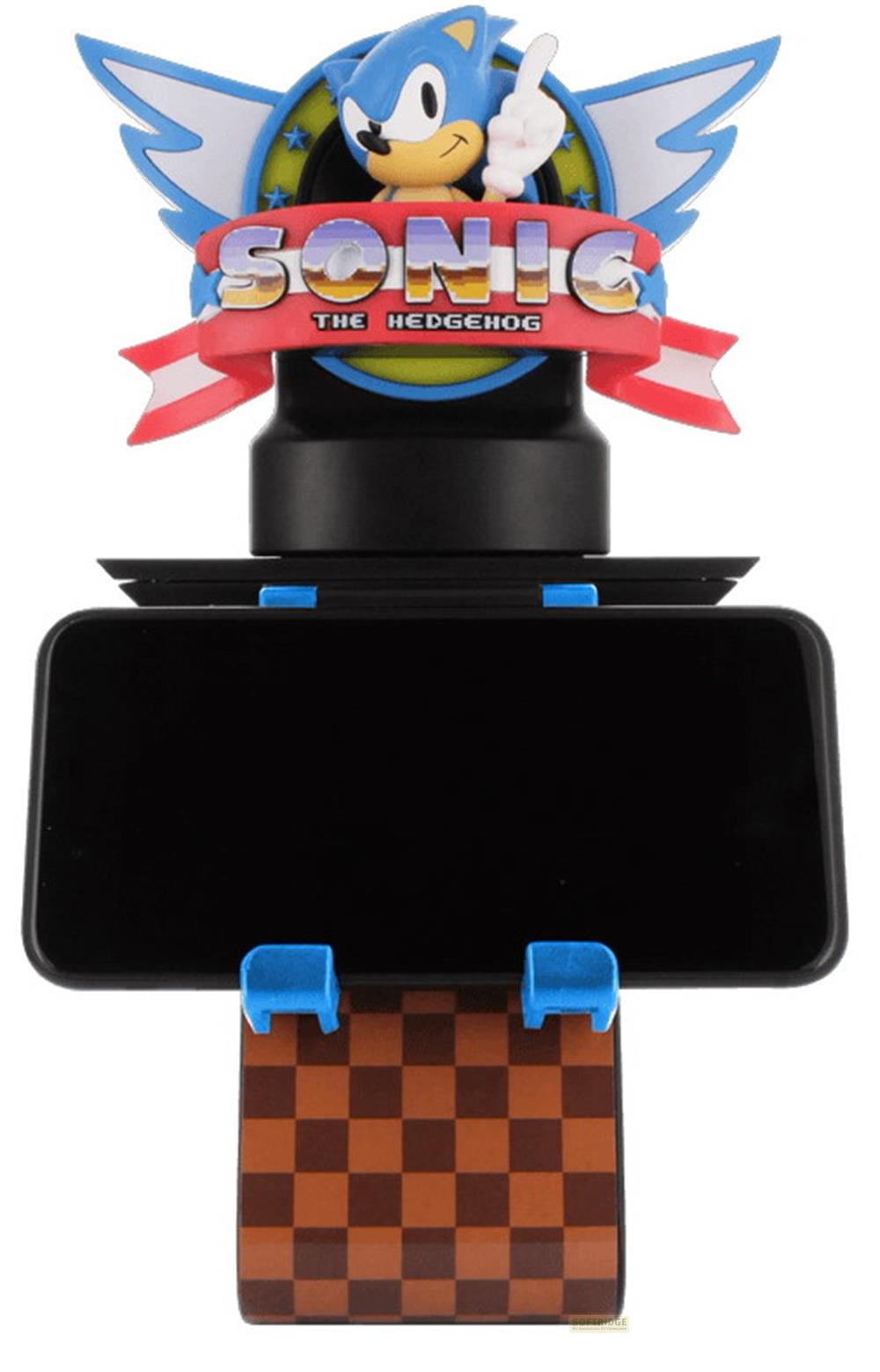 Stojak Sonic the Hedgehog trzymający czarną smartfon, z kratkowaną podstawą.