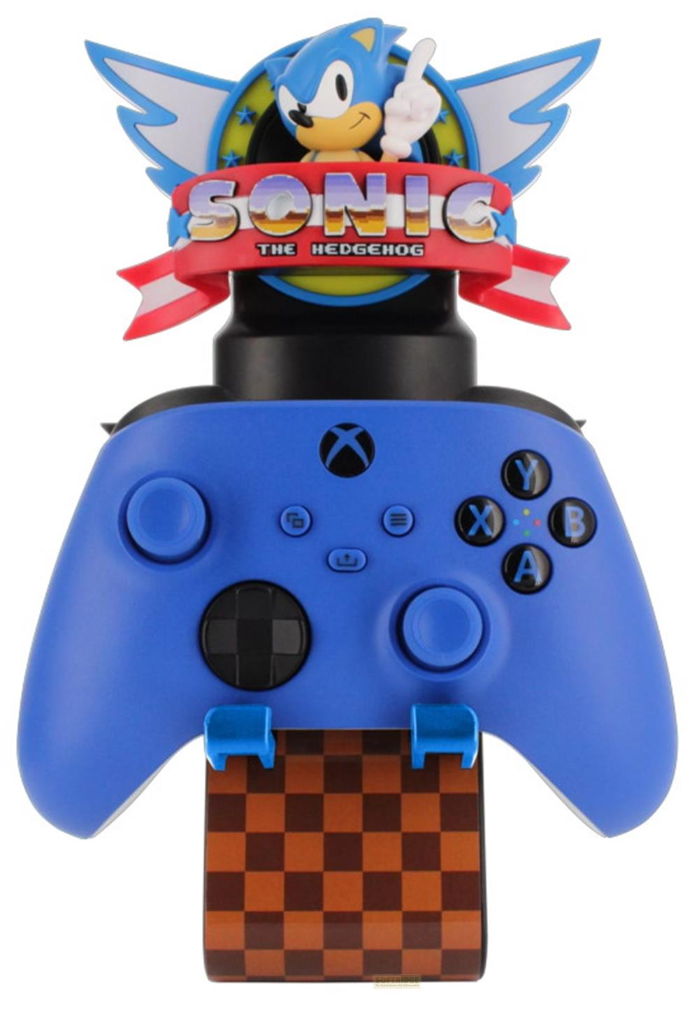 Niebieski kontroler Xbox z nakładką Sonic the Hedgehog i brązowym kratowym uchwytem.