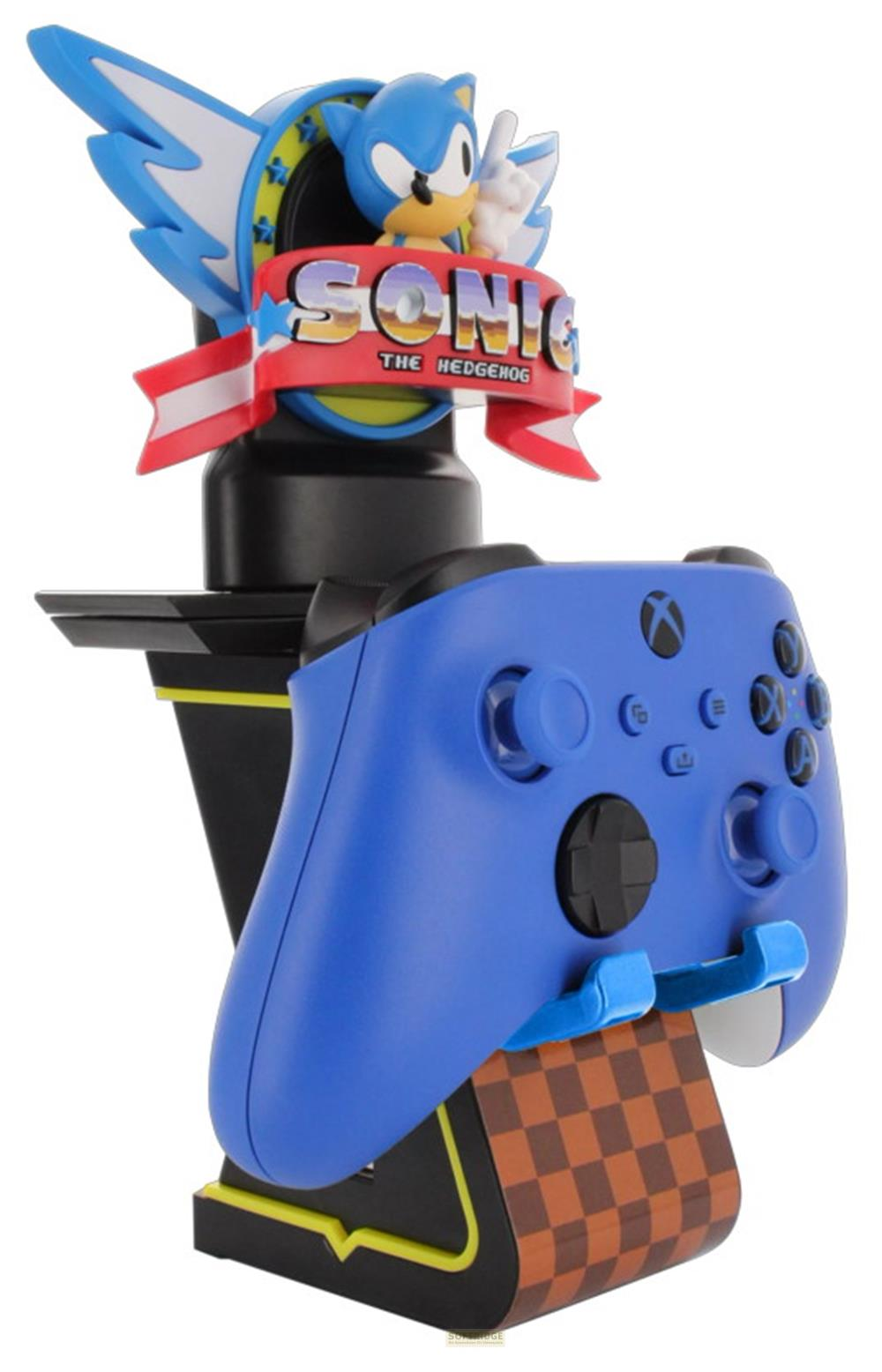 Uchwyt na kontroler Sonic the Hedgehog z niebieskim kontrolerem na podstawie szachownicy.