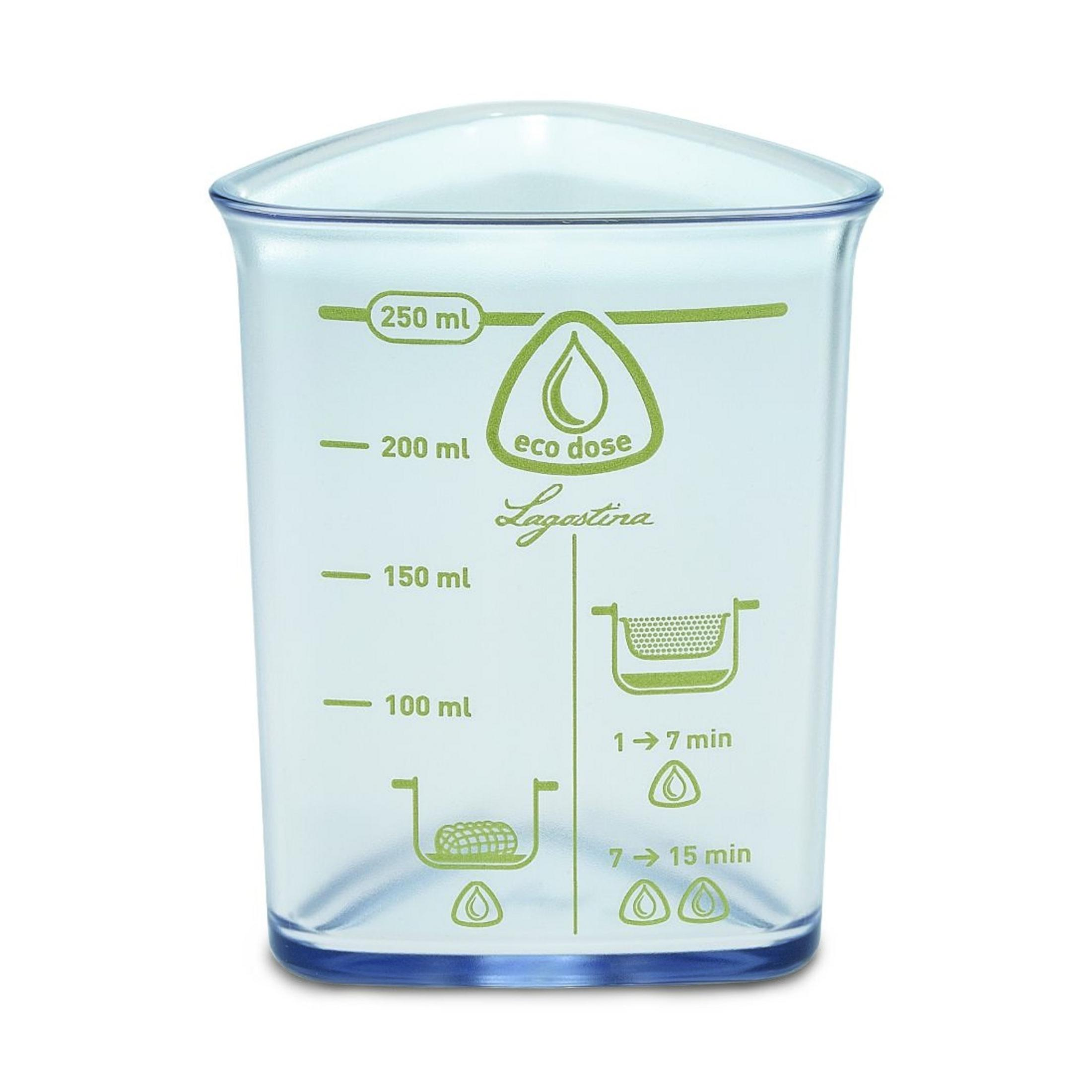 Una taza medidora transparente con marcas verdes y el logo de Lagostina.