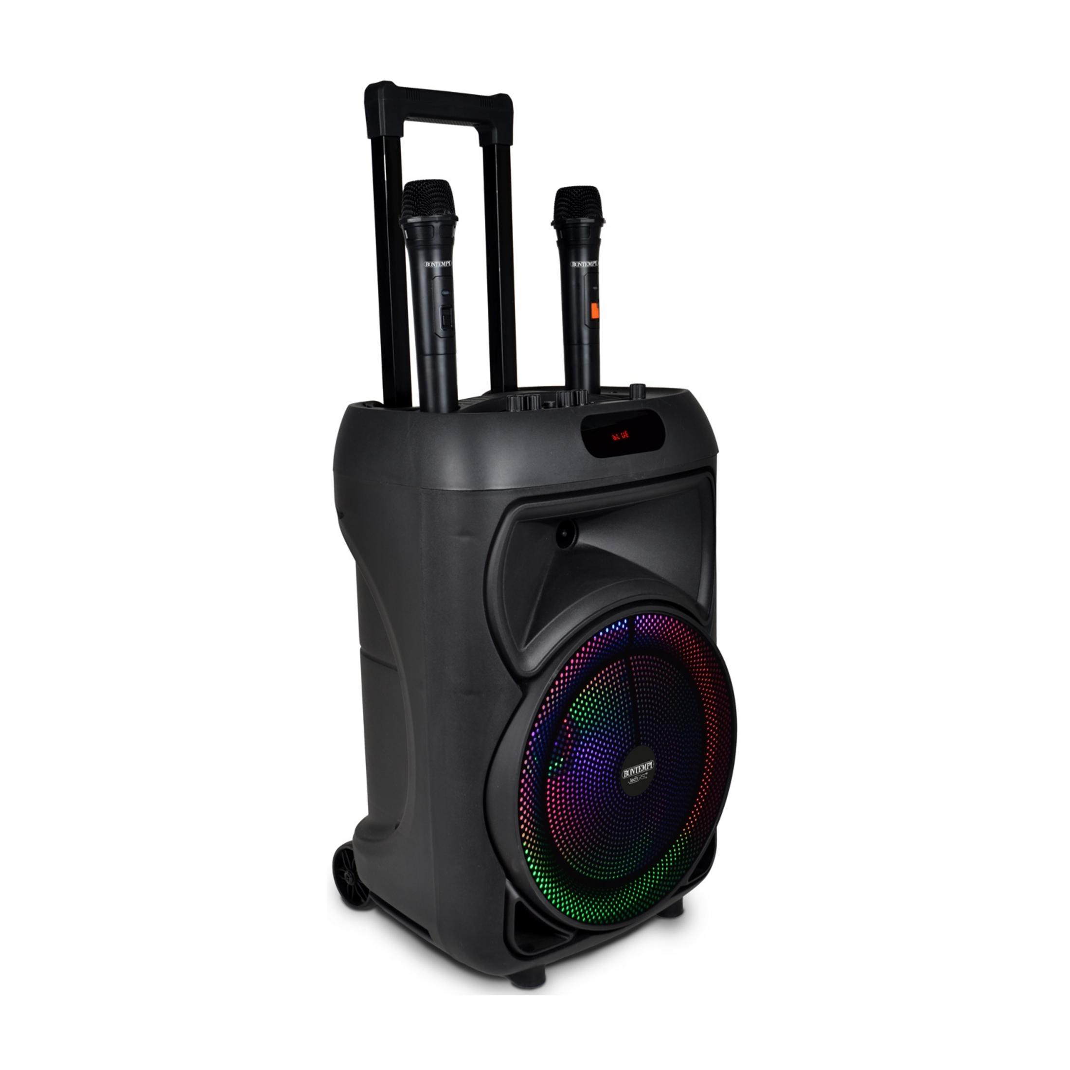 Un altoparlante portatile nero con ruote, due microfoni e un altoparlante luminoso a LED colorato.