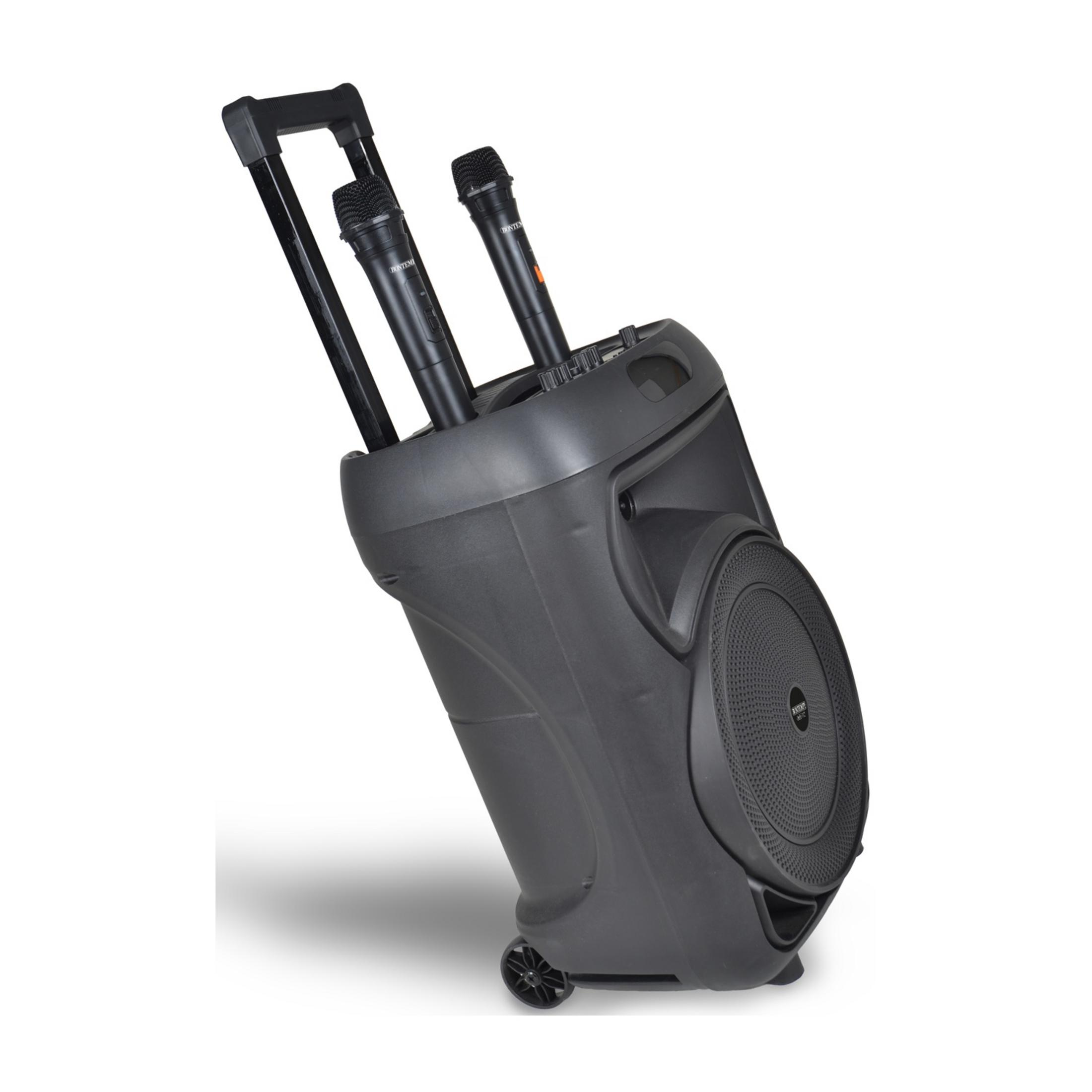 Un altoparlante portatile nero con due microfoni e ruote.