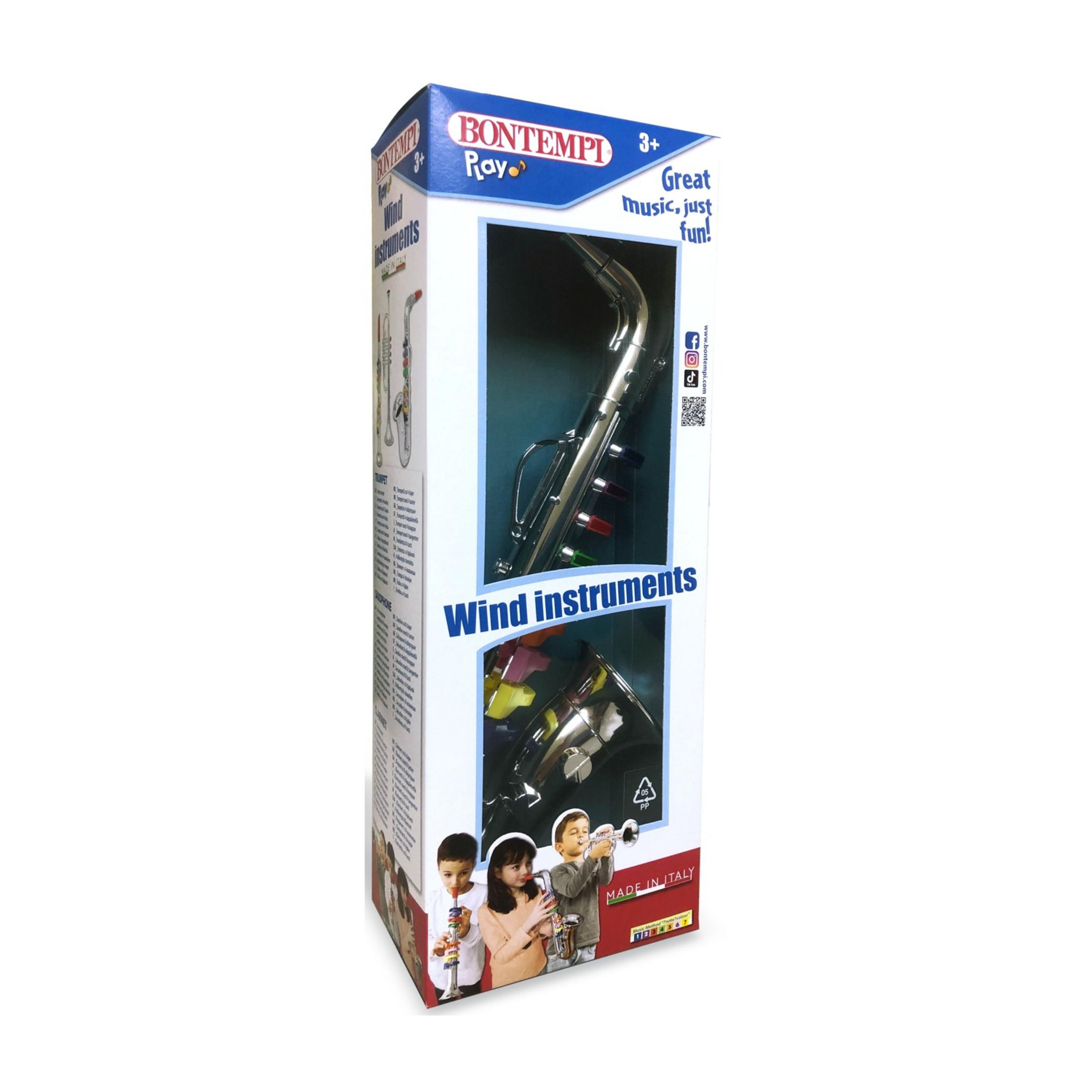 Scatola per un sassofono giocattolo Bontempi con bambini che suonano strumenti musicali.