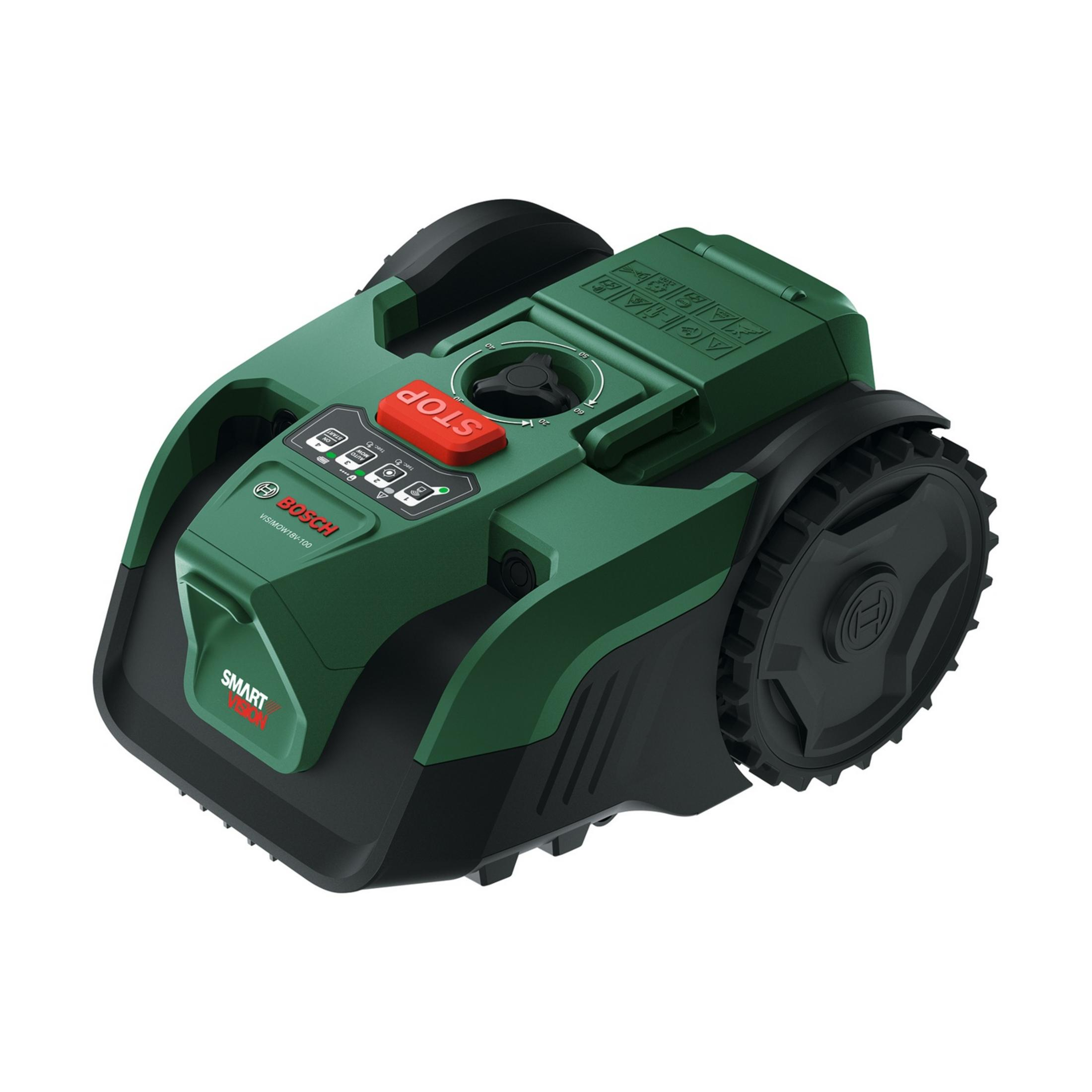 Un robot tagliaerba Bosch verde con ruote nere e pulsante rosso di stop.