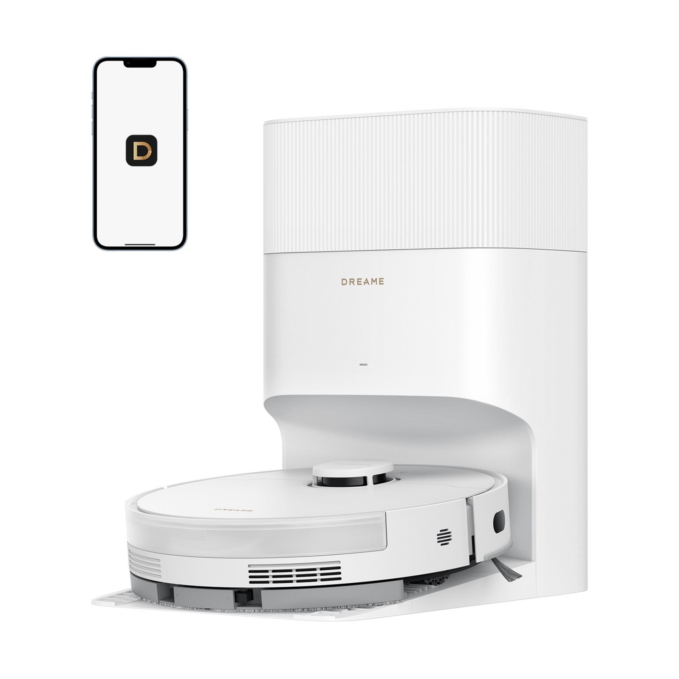 Un robot aspirapolvere bianco con dock di ricarica e uno smartphone accanto.
