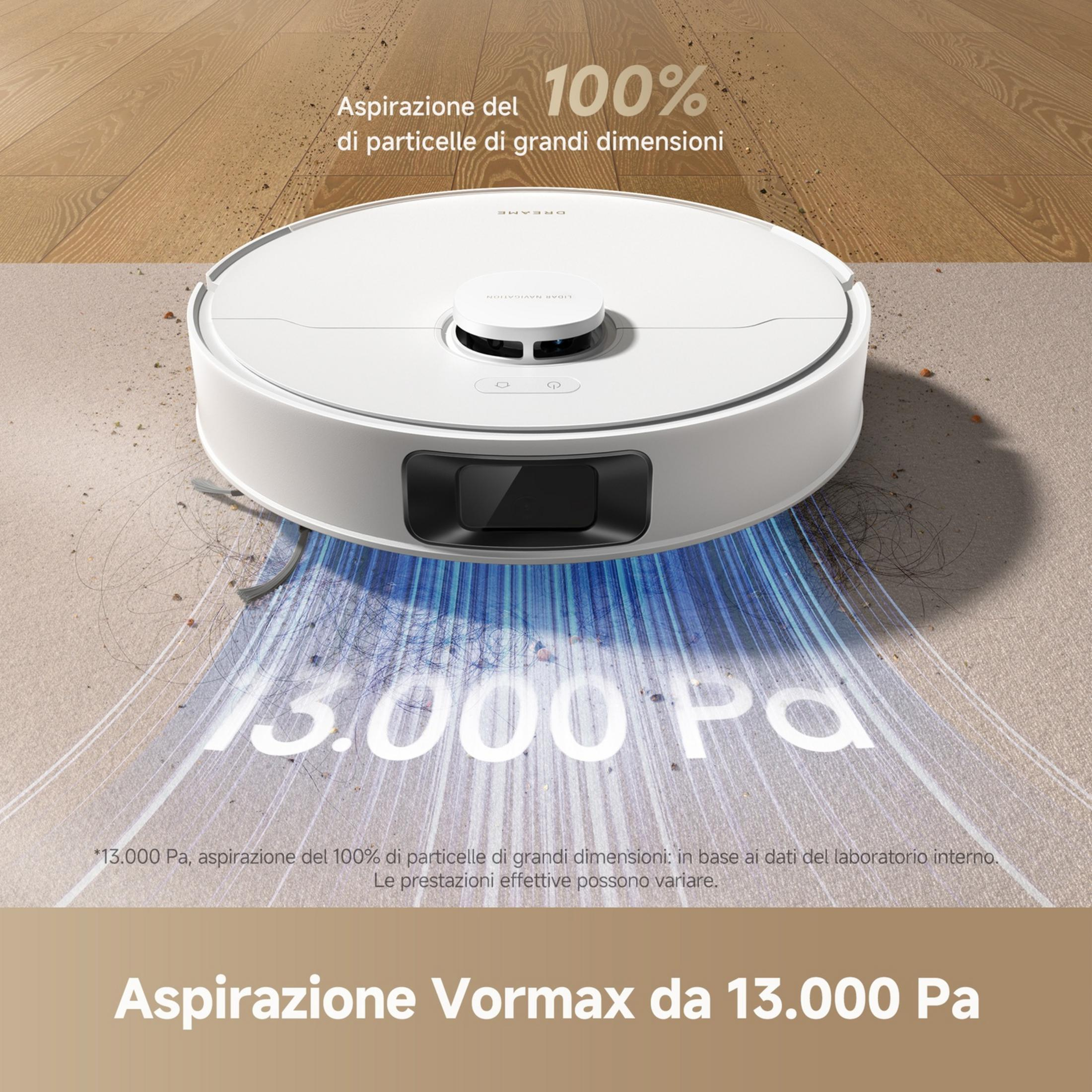 Un robot aspirapolvere bianco pulisce polvere e peli da tappeto e parquet.