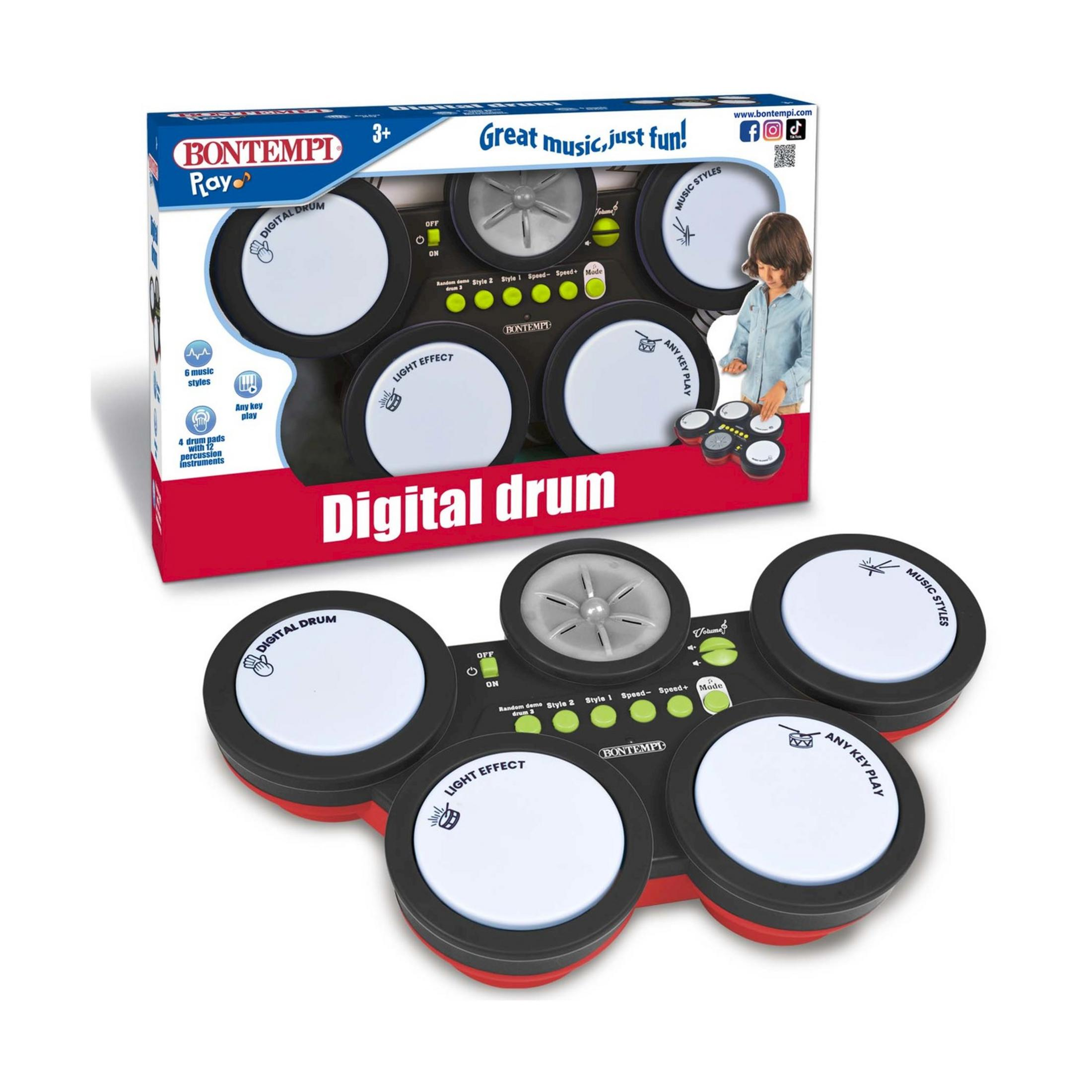 Ein schwarzes und rotes digitales Schlagzeug mit weißen Trommelpads und grünen Bedienelementen.