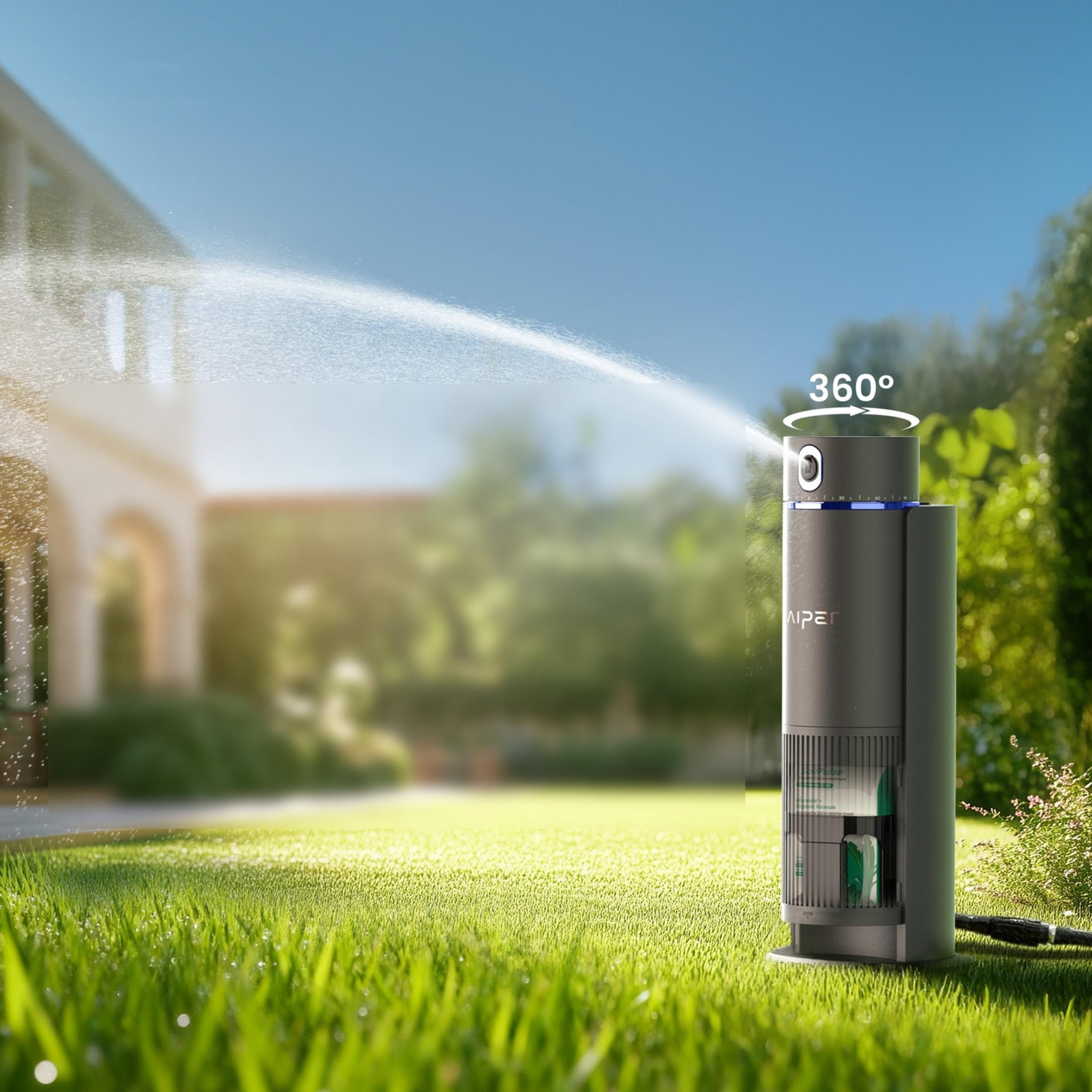 Ein moderner Sprinkler bewässert einen grünen Rasen vor einem Haus.