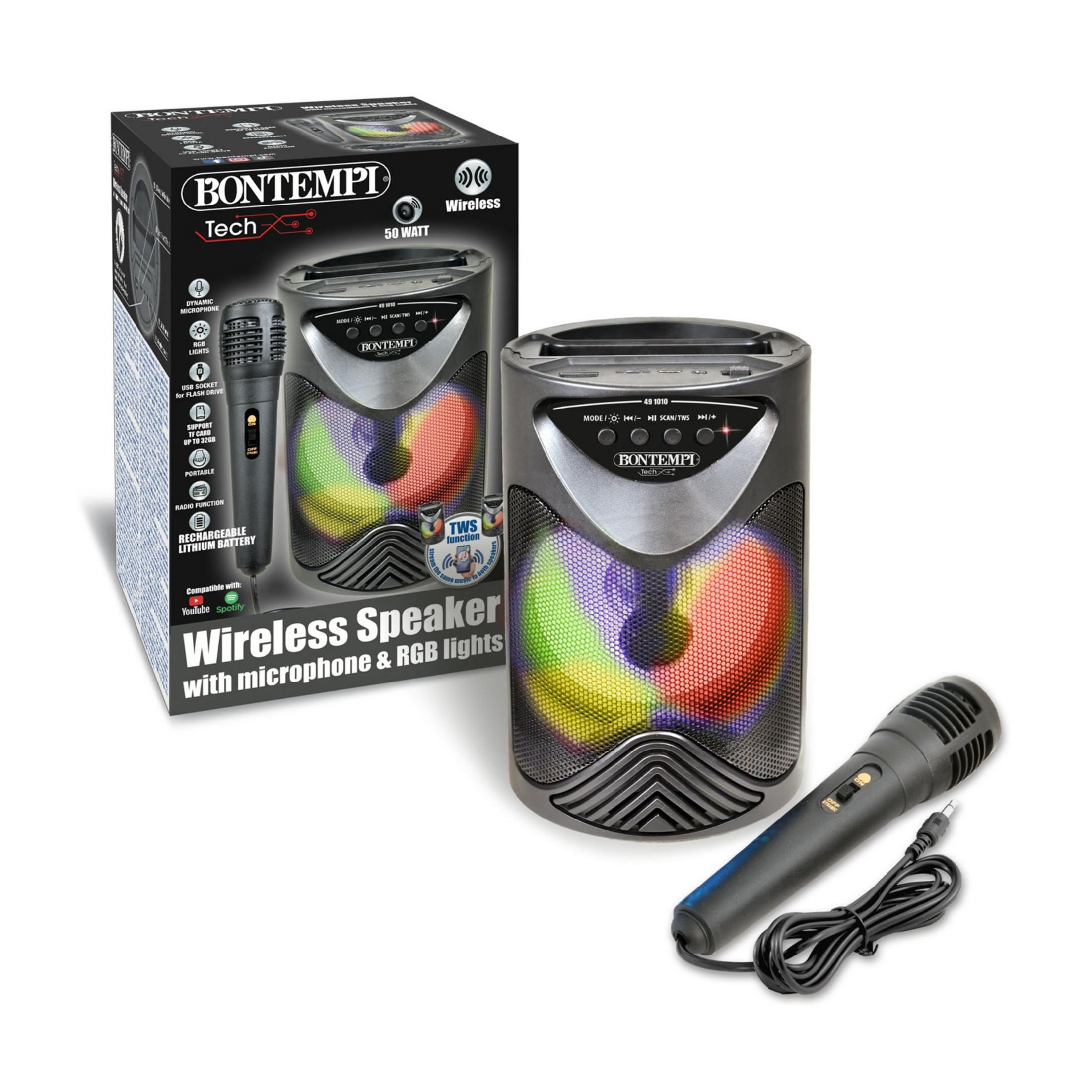 Ein tragbarer schwarzer Lautsprecher mit Mikrofon und bunten RGB-Lichtern.
