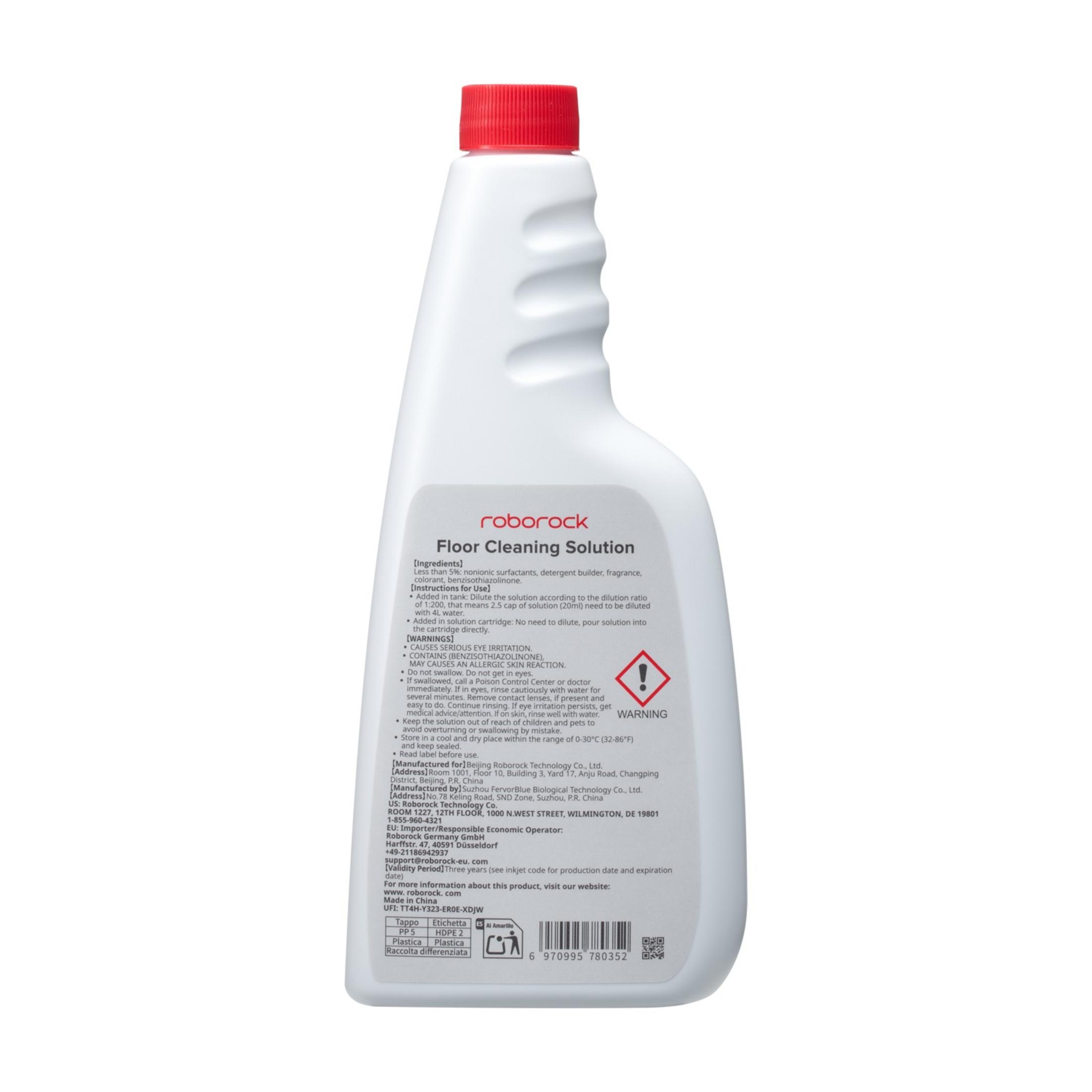 Flacone bianco con tappo rosso, soluzione per pulizia pavimenti Roborock, etichetta di avvertenza.