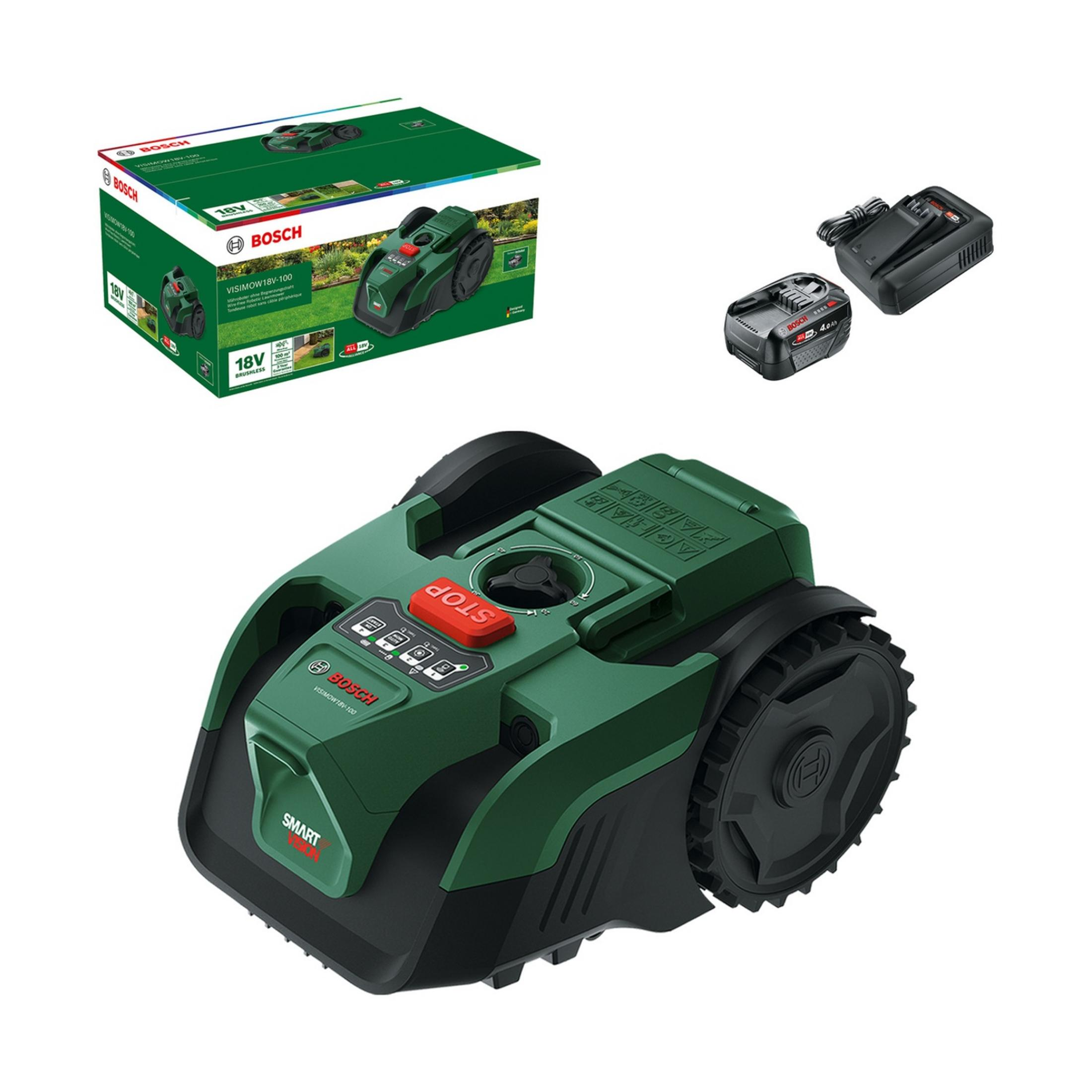 Un robot tagliaerba Bosch verde con due batterie e confezione.