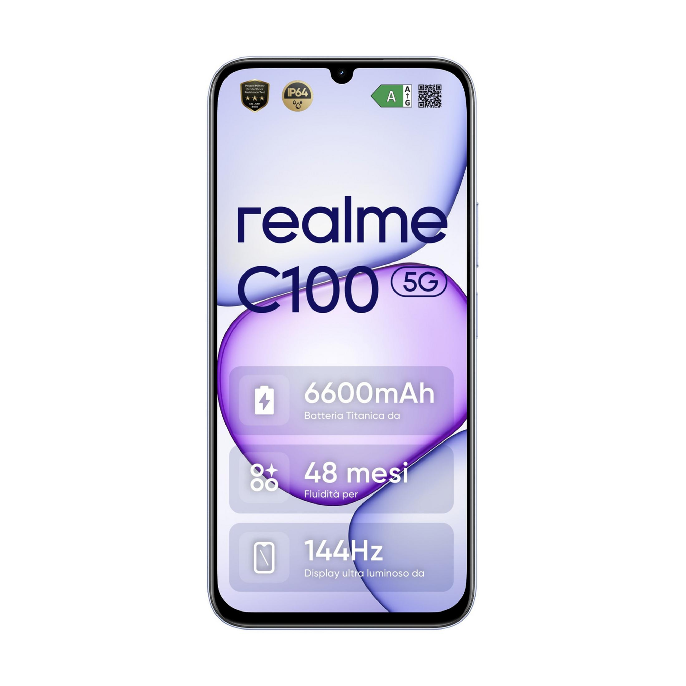 Ein Realme C100 5G Smartphone mit 6600mAh Akku, 48 Monaten Garantie und 144Hz Display.