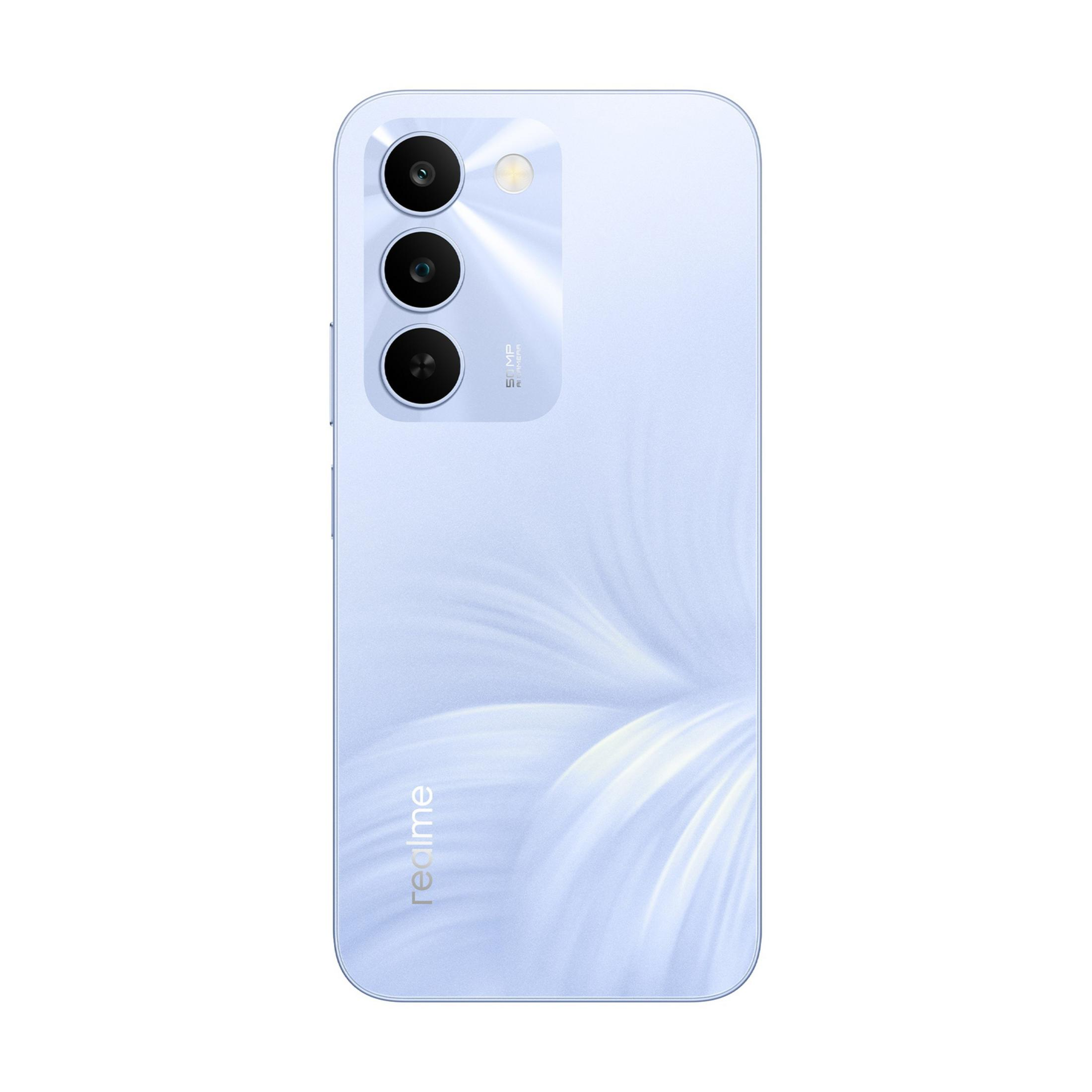 Ein hellblaues Smartphone mit drei Kameras und Blitz auf der Rückseite.