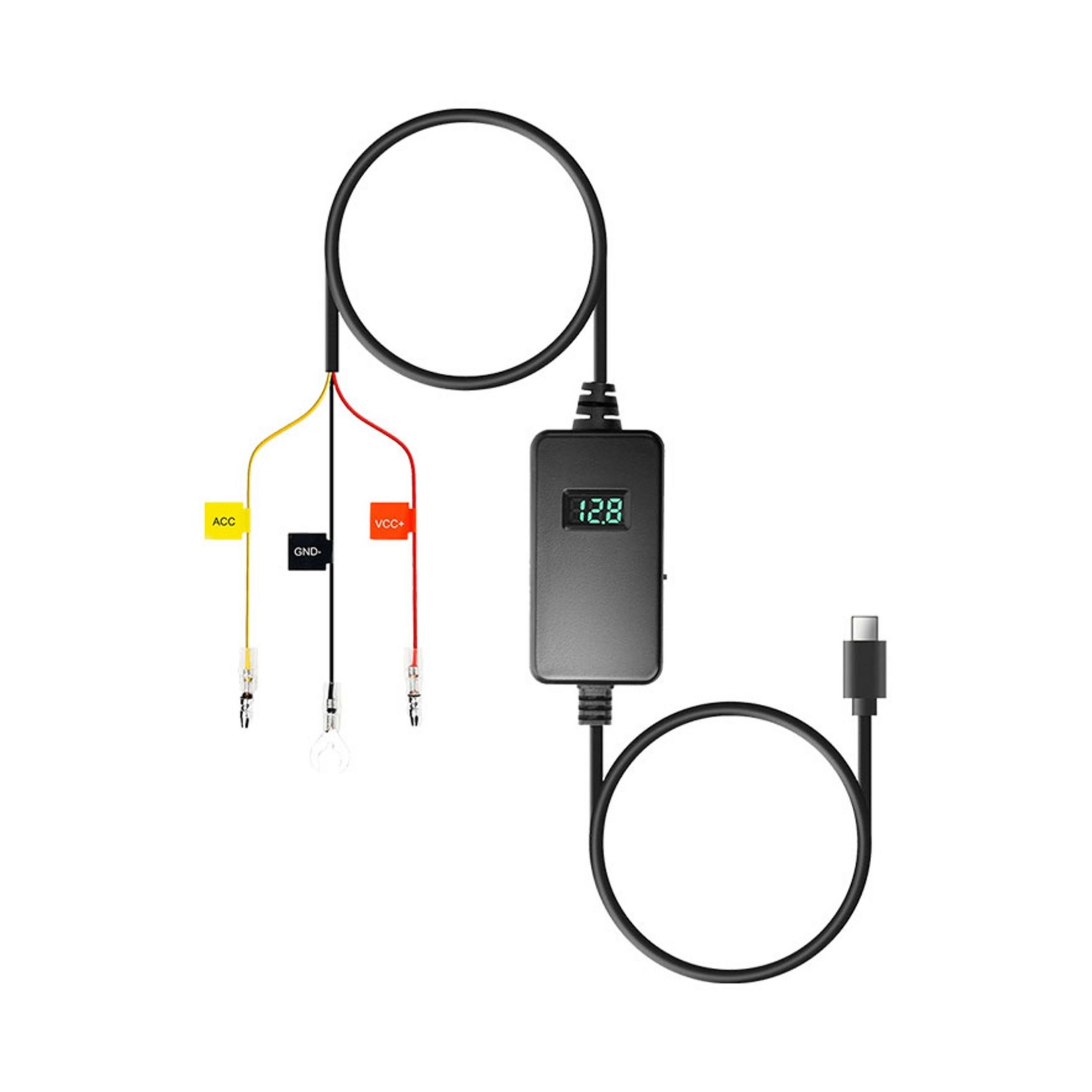 Voltaj göstergeli modül, ACC, GND, VCC+ kabloları ve USB-C konektörlü siyah kablo.