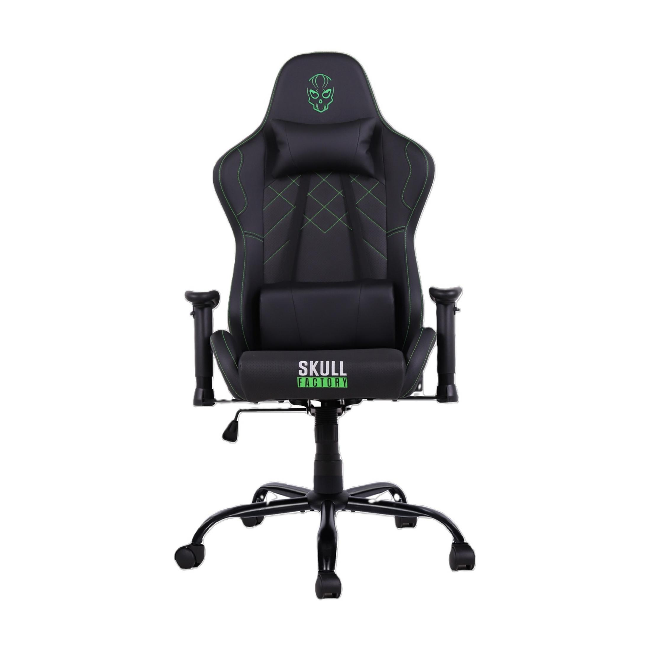 Ein schwarzer Gaming-Stuhl mit grünen Akzenten und einem Totenkopf-Logo.