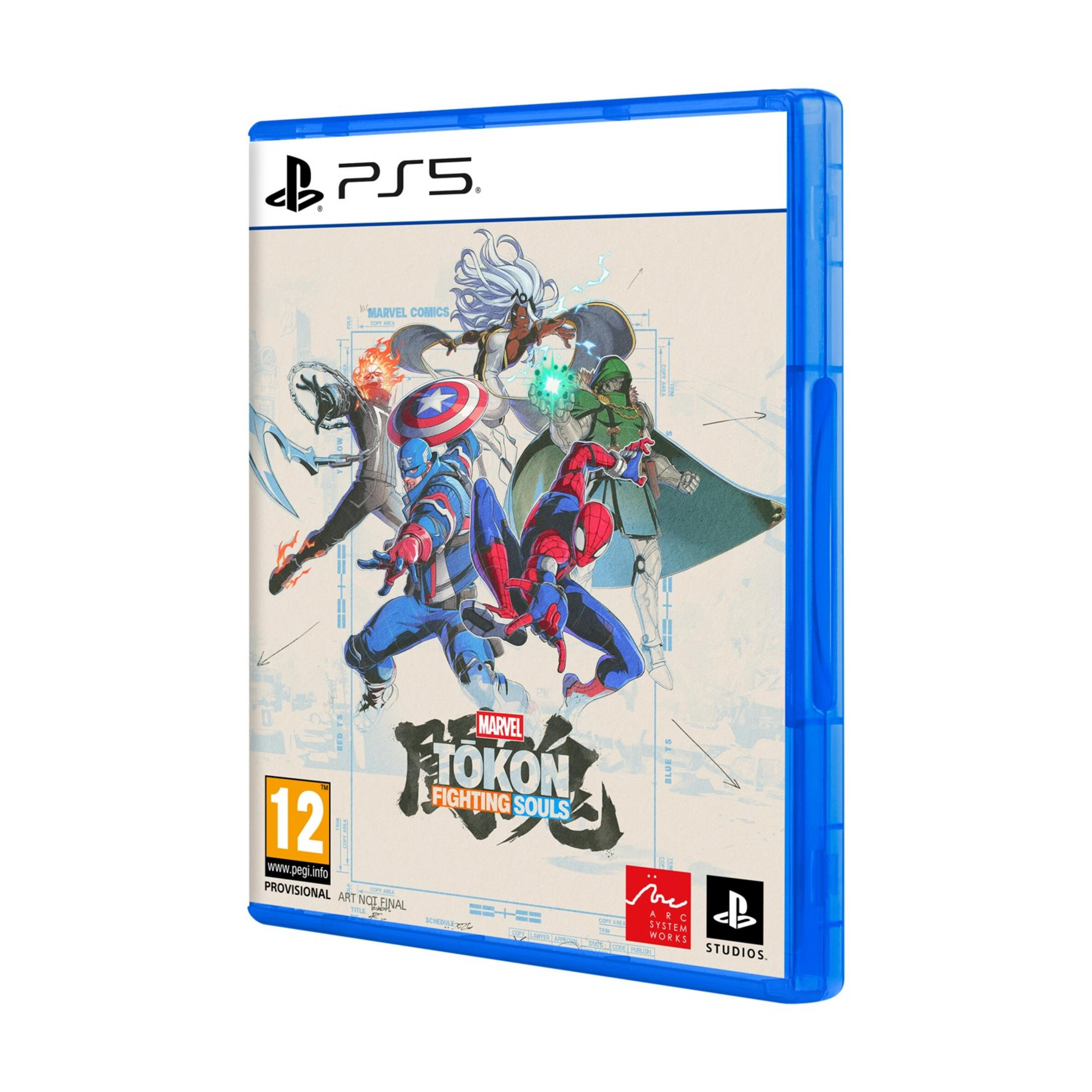 PS5 Spielhülle mit Marvel-Charakteren wie Captain America, Spider-Man, Storm und Ghost Rider.