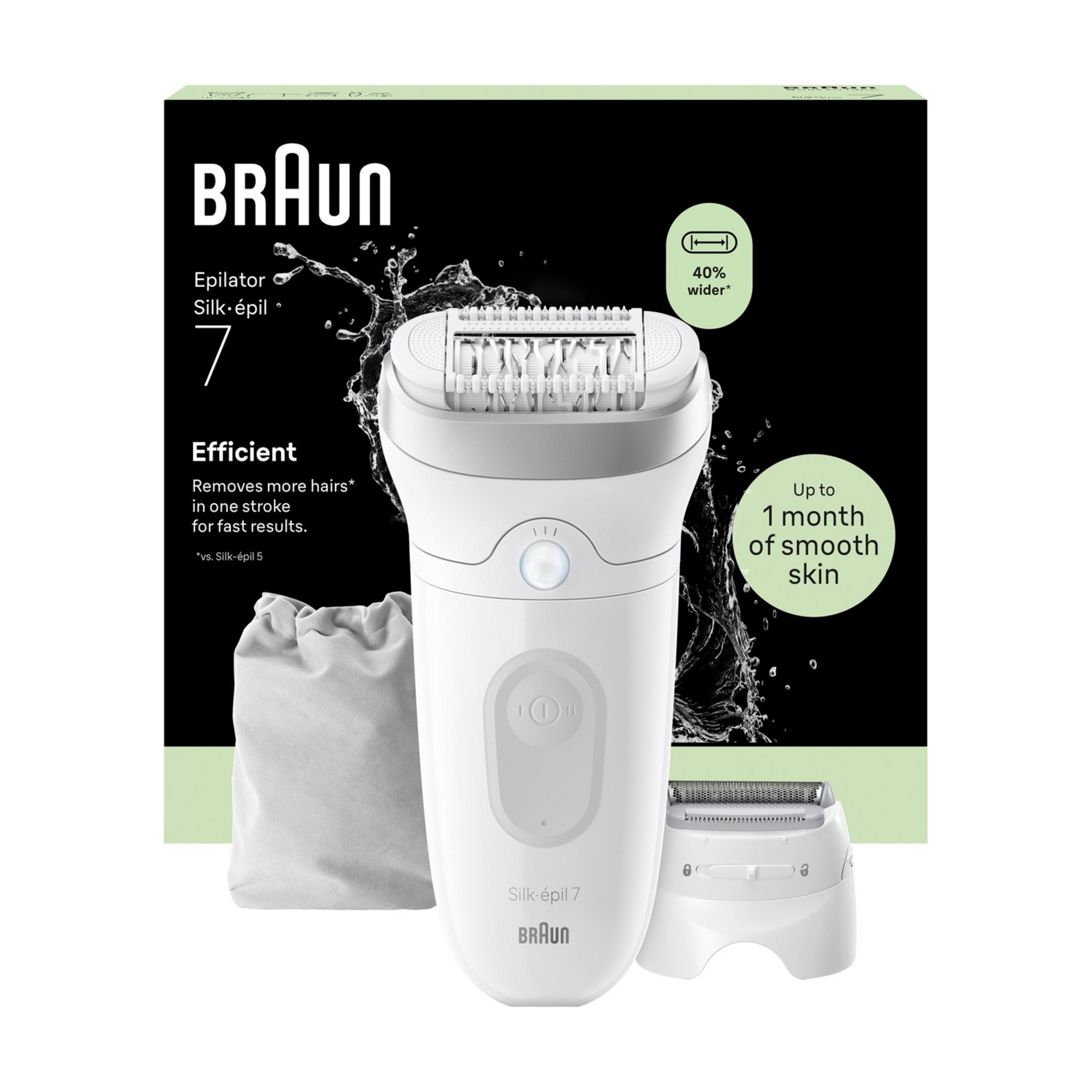 Ein weißer Braun Silk-épil 7 Epilierer mit Zubehör vor schwarzem Hintergrund.