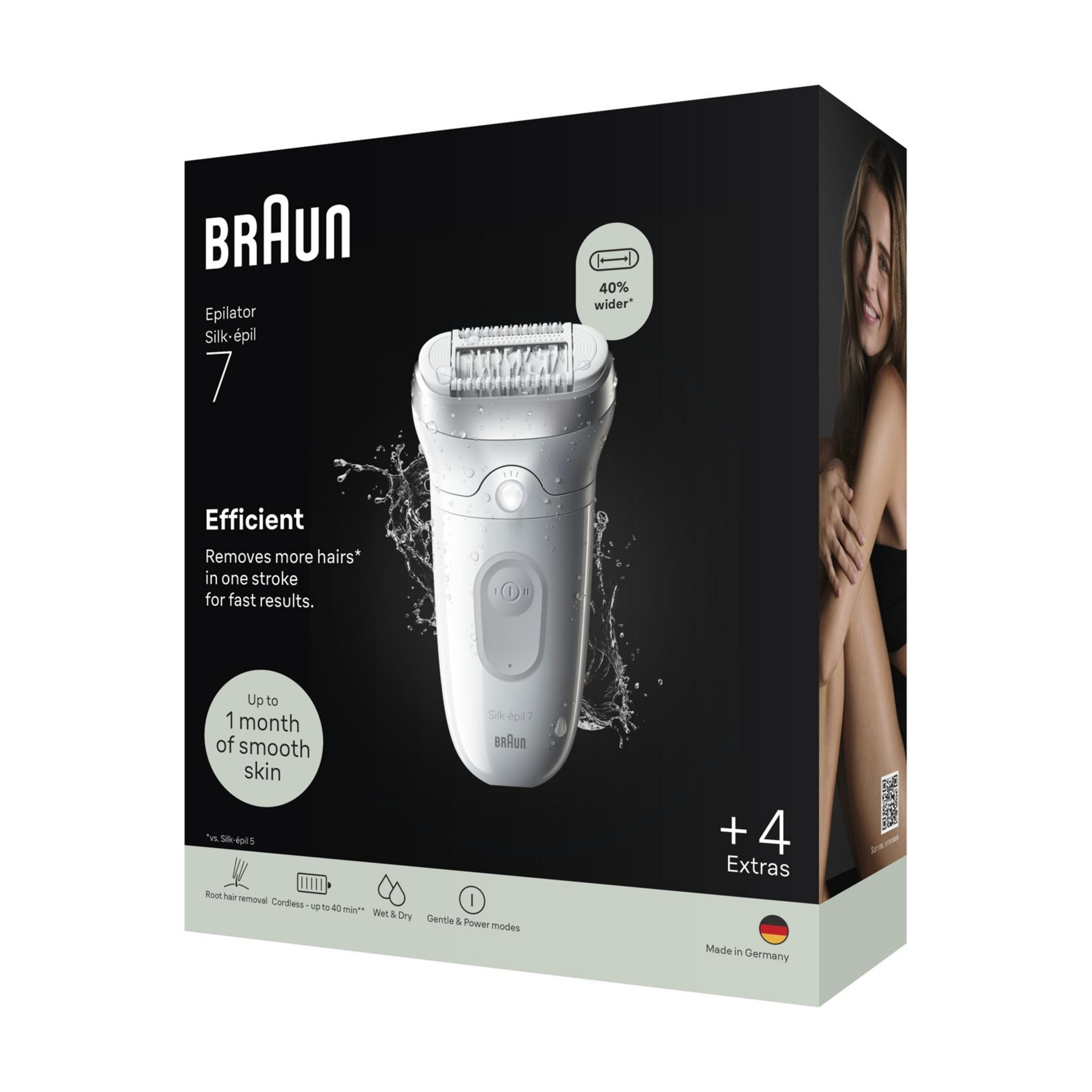 Braun Epilierer Silk-épil 7 Verpackung mit Produktabbildung und Frau.