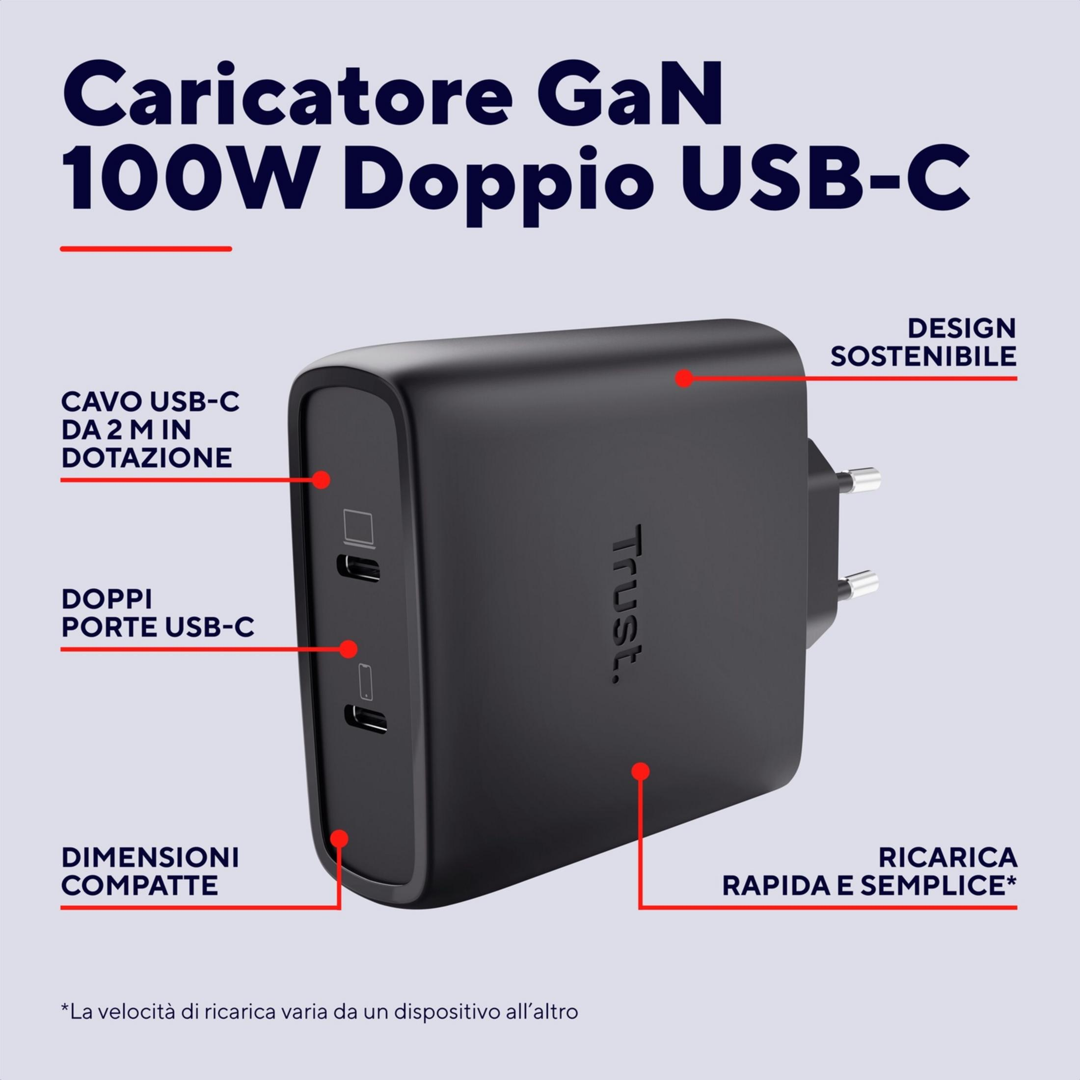 Czarna ładowarka Trust GaN 100W podwójny USB-C z portami.