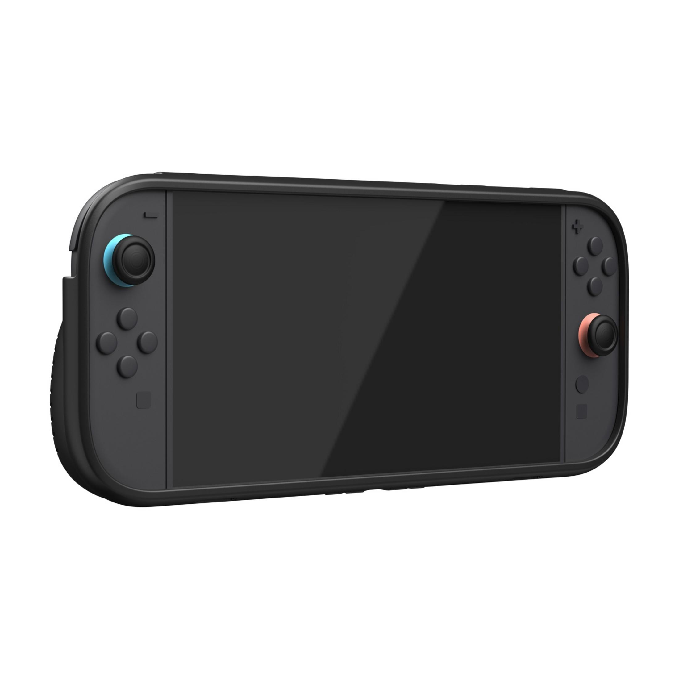 Controller da gioco portatile nero con joystick blu e rosso.