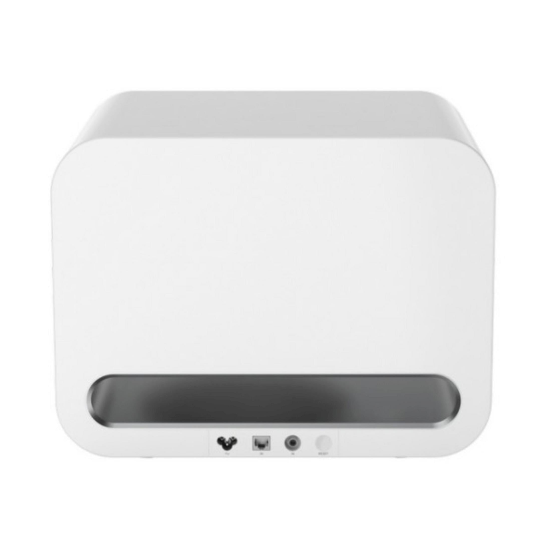 Weiße Box mit Anschlüssen unten: Strom, Ethernet, Audio und Reset.