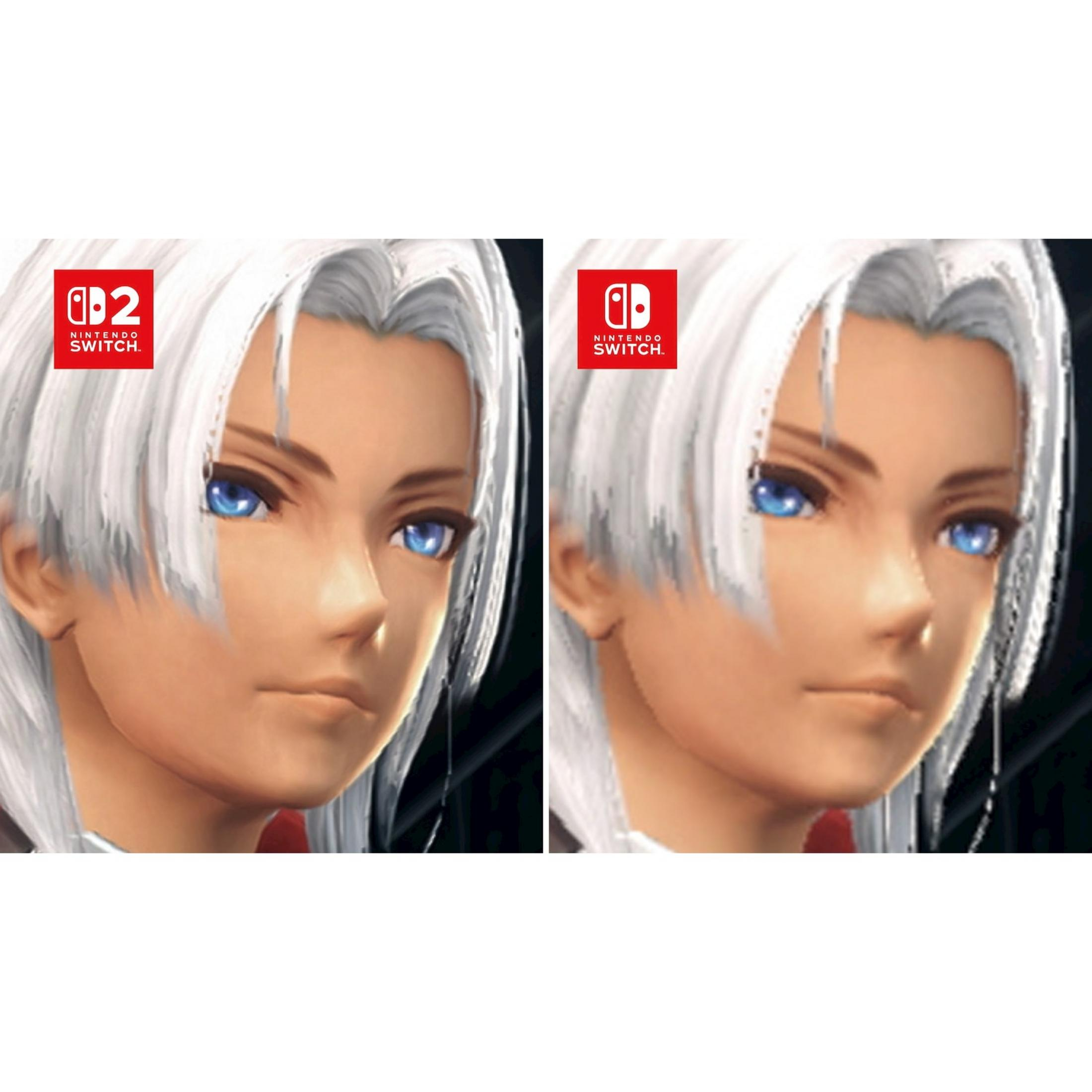 Zwei Nintendo Switch Logos neben einem anime-artigen Gesicht mit weißen Haaren.