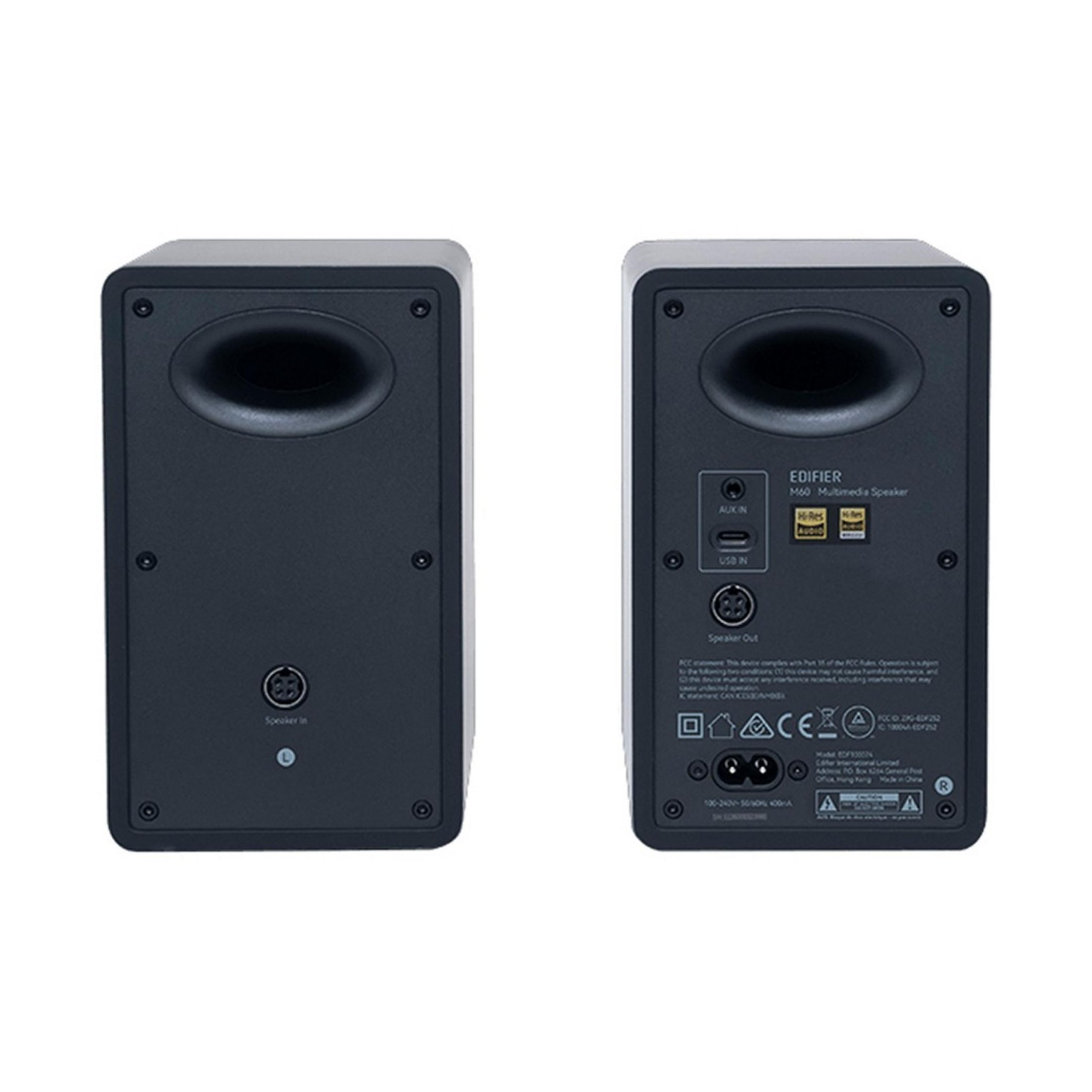 Dwa czarne głośniki multimedialne Edifier M60 pokazane od tyłu. Porty: AUX IN, USB IN, Speaker Out.