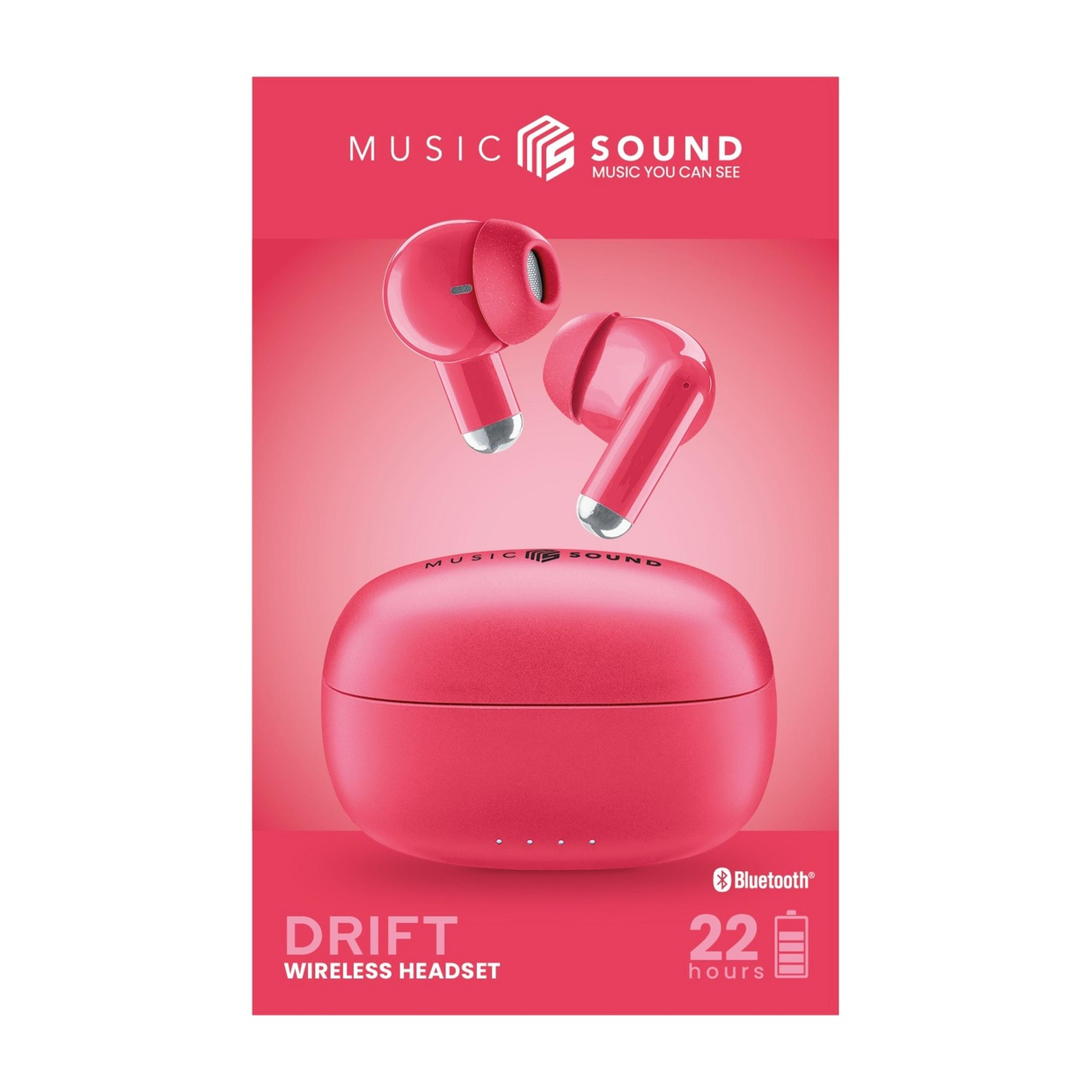 Ein pinkes kabelloses Headset mit Ladecase, schwebend vor einem rosafarbenen Hintergrund.