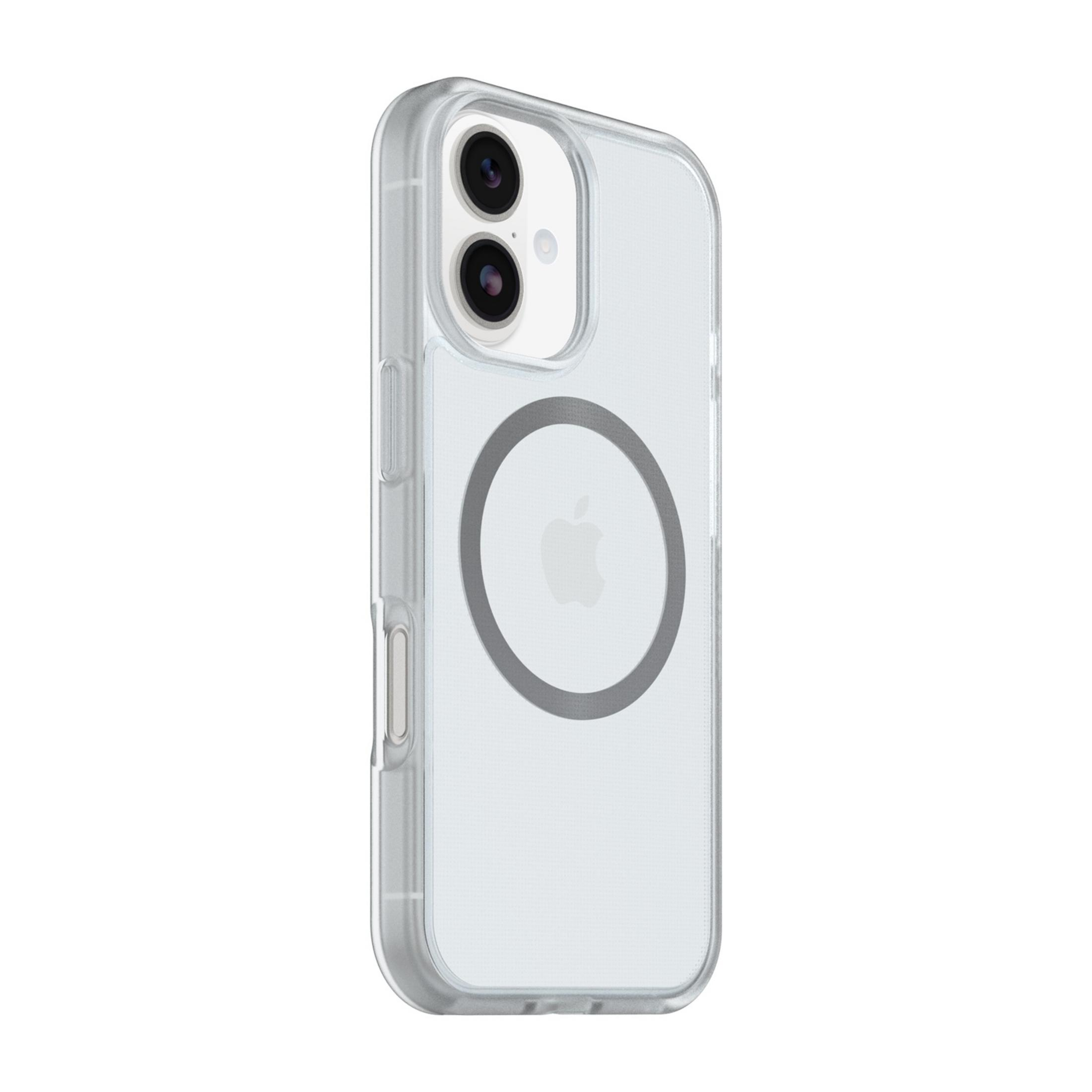 Doorzichtige telefoonhoes met Apple-logo en dubbele camera op witte achtergrond.