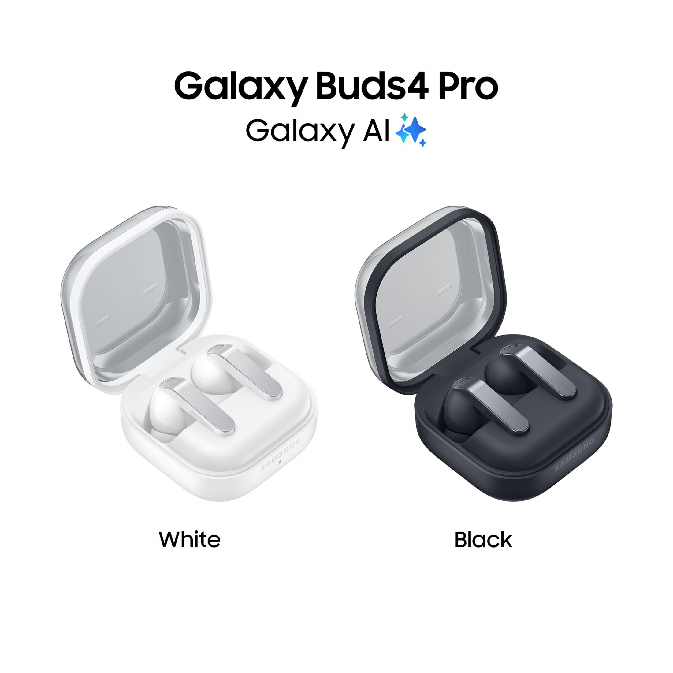 Weiße und schwarze Galaxy Buds4 Pro im geöffneten Ladecase nebeneinander.