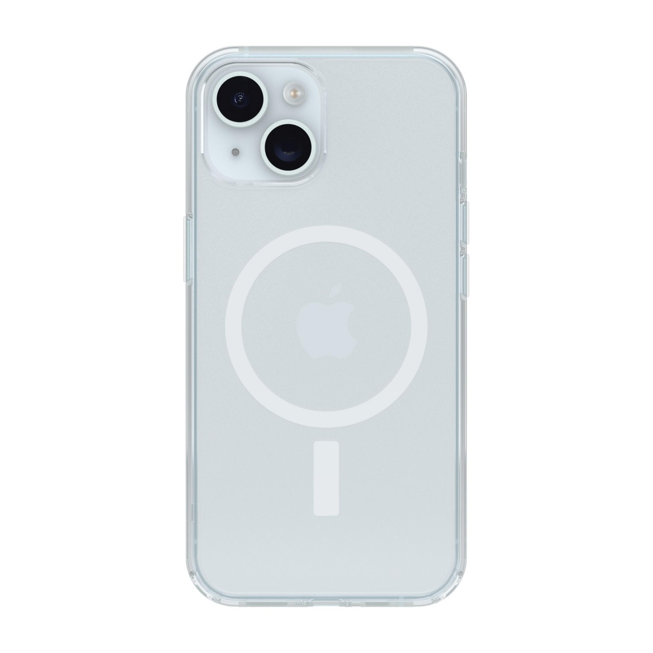 Clear phone case showing Apple logo and MagSafe ring.