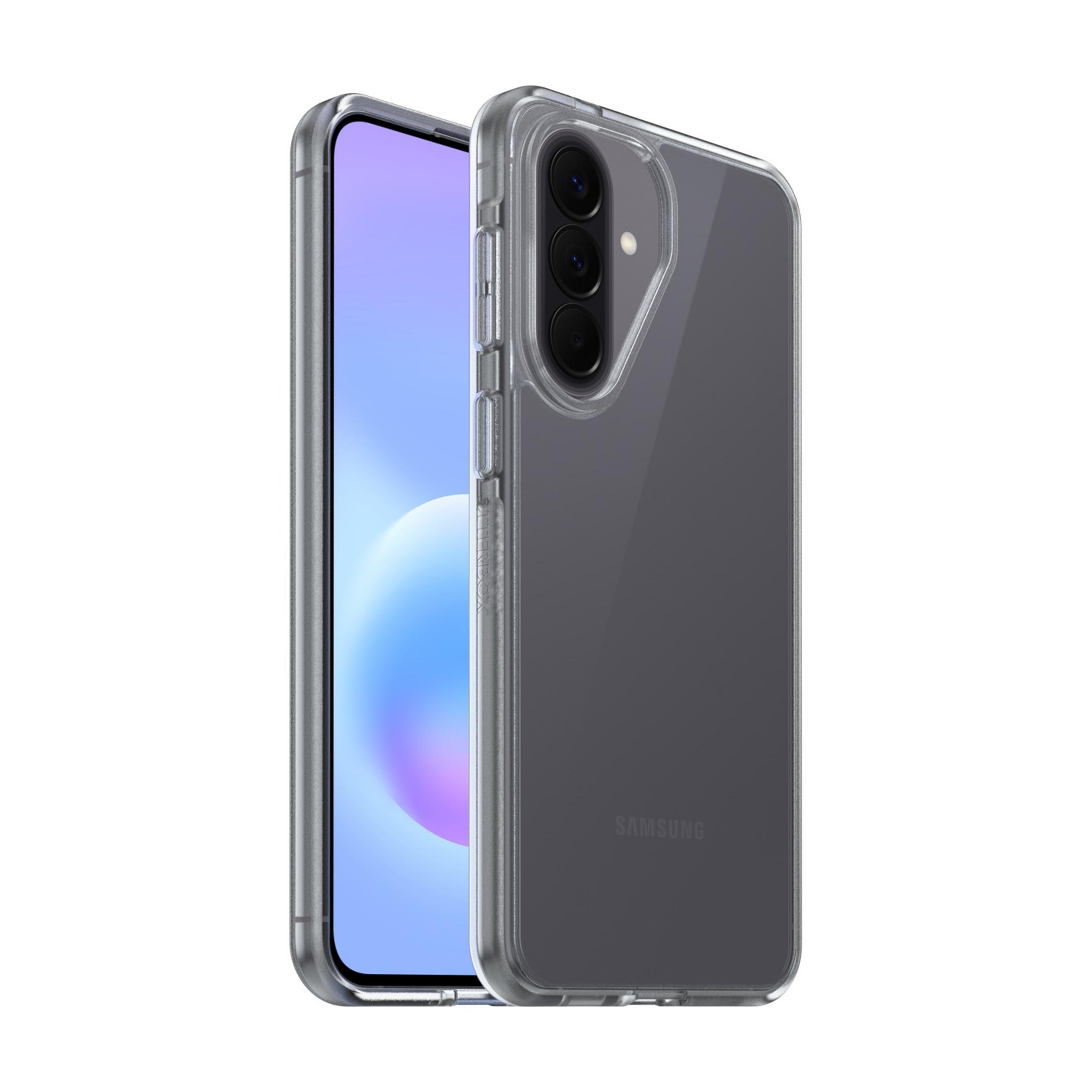 Doorzichtige beschermhoes voor een Samsung smartphone met drie camera's.