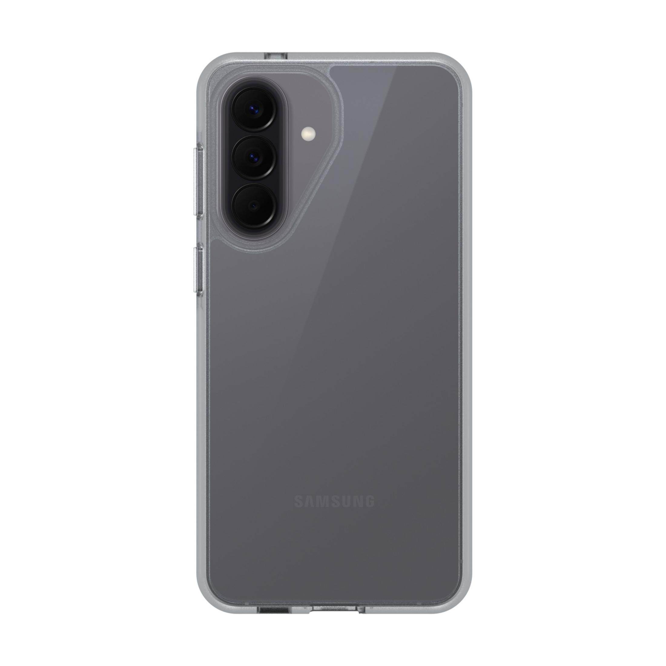 Achterkant van een grijze Samsung telefoon met drie cameralenzen en een flitser.