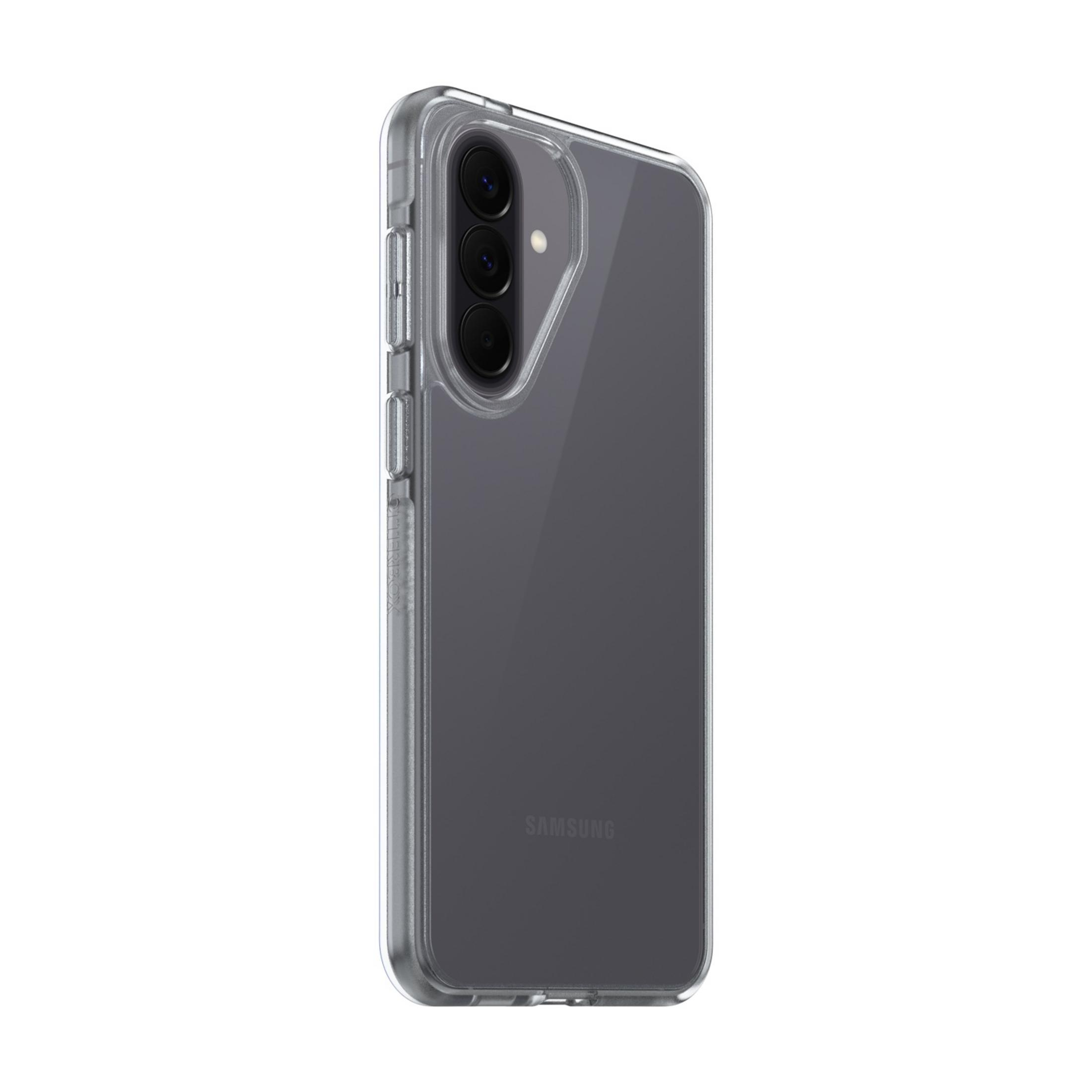 Achterkant van een doorzichtige telefoonhoes met Samsung-logo.
