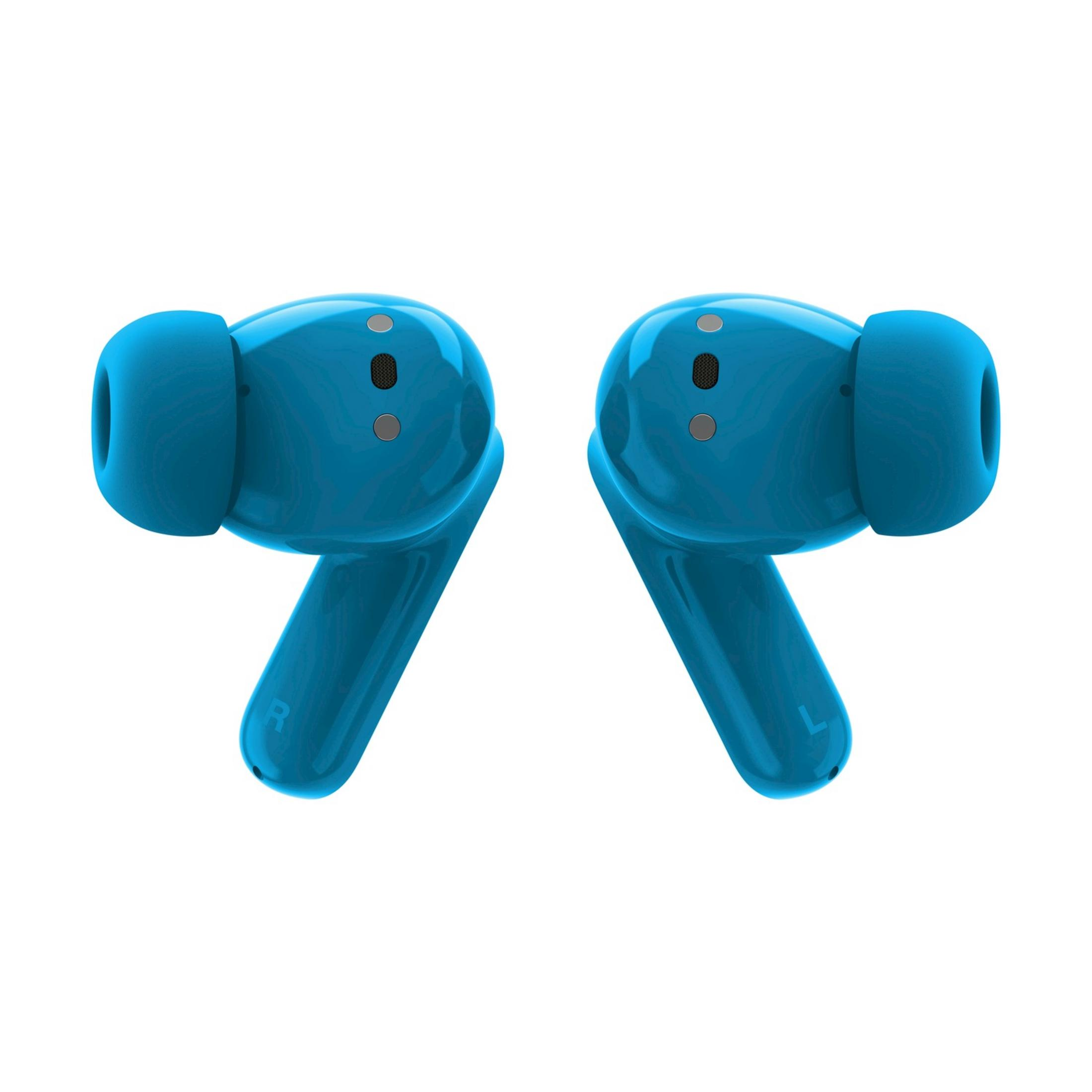 Two blue earbuds, one marked R, one marked L, on a white background.