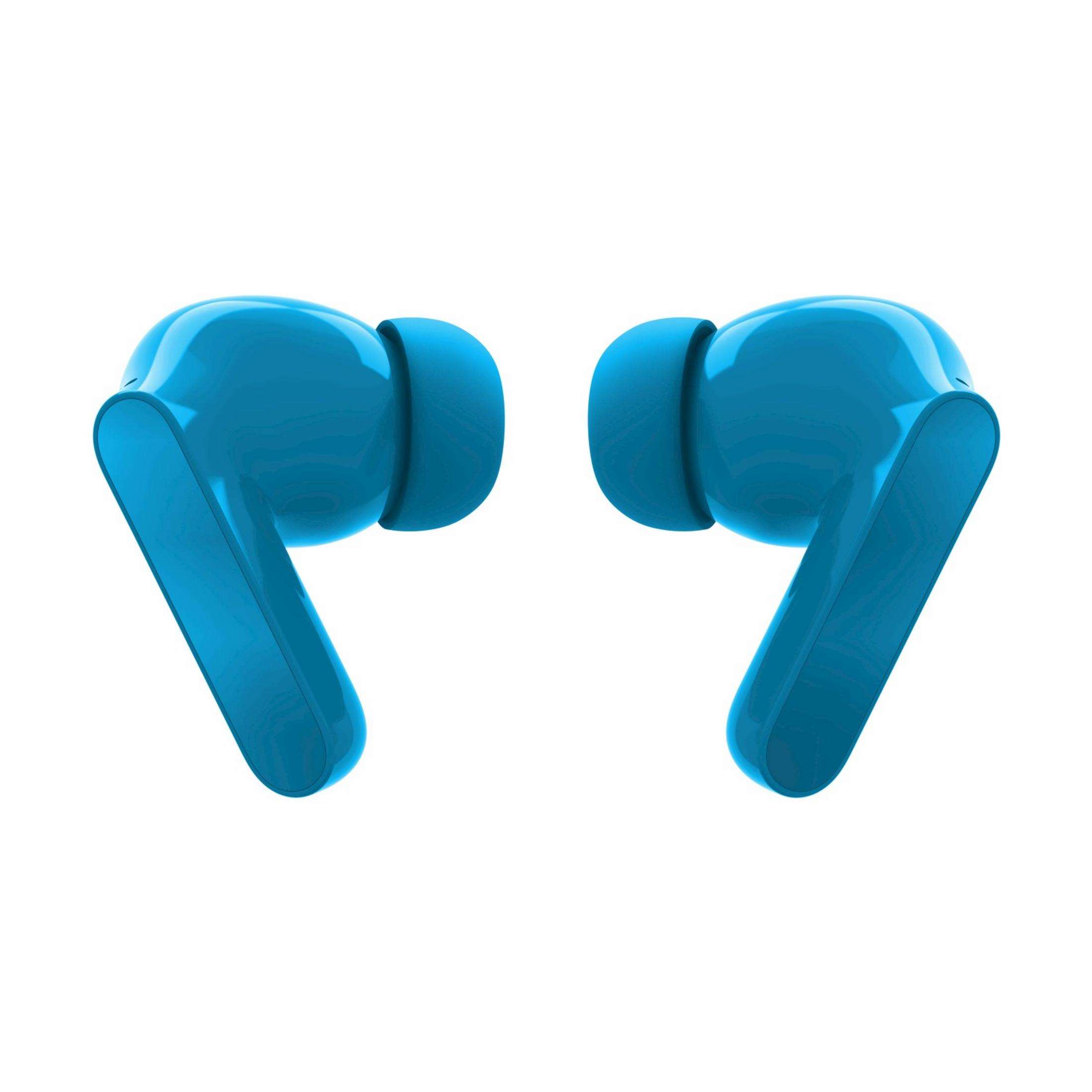 Two blue wireless earbuds side by side on a white background.