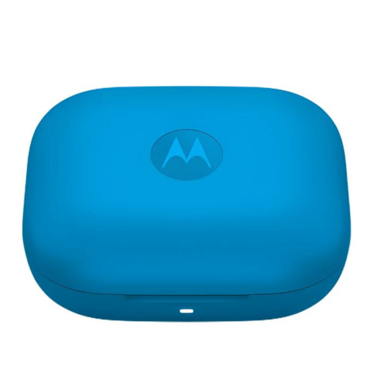 A blue Motorola charging case with the logo on top.
