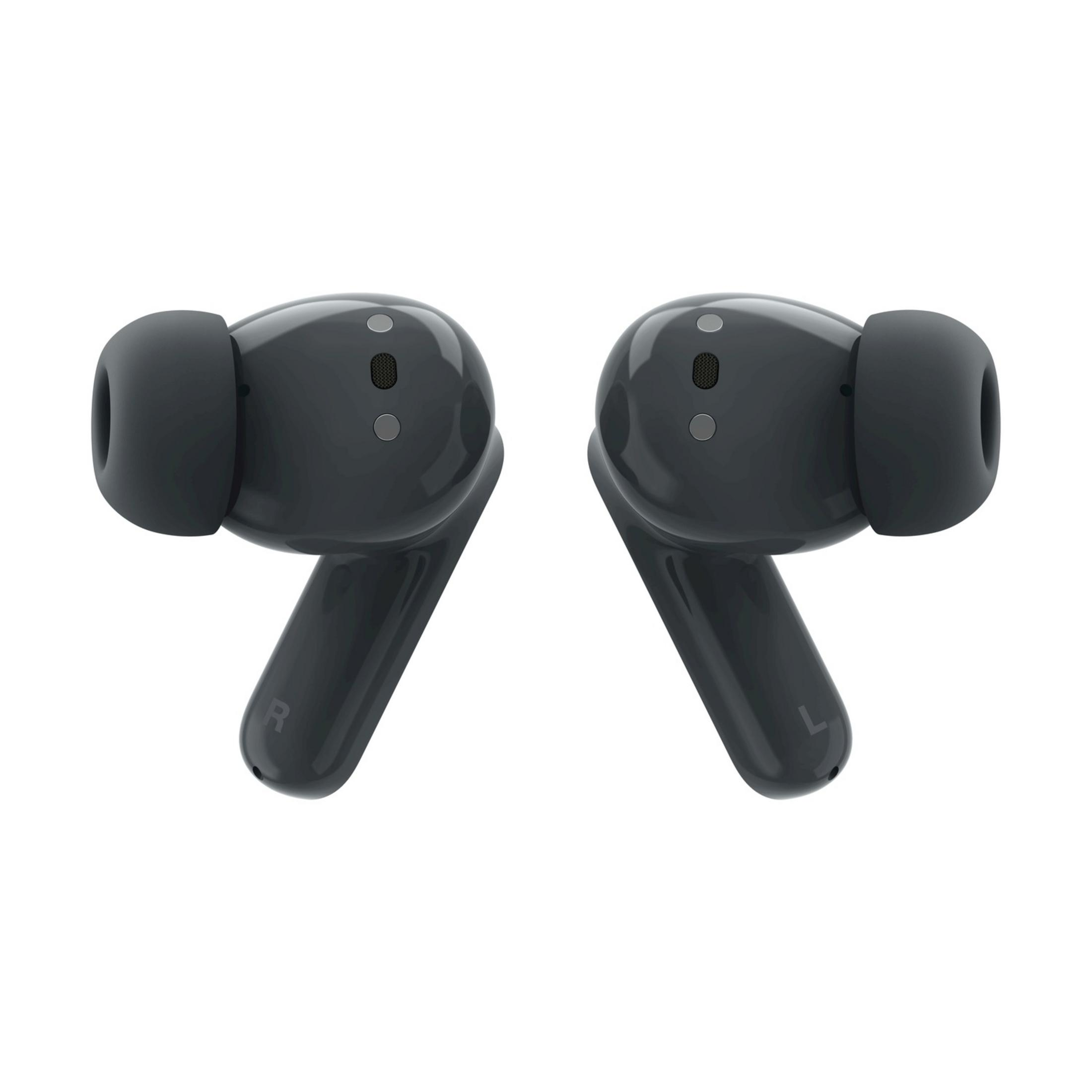 Two dark wireless earbuds with stems, on a white background.