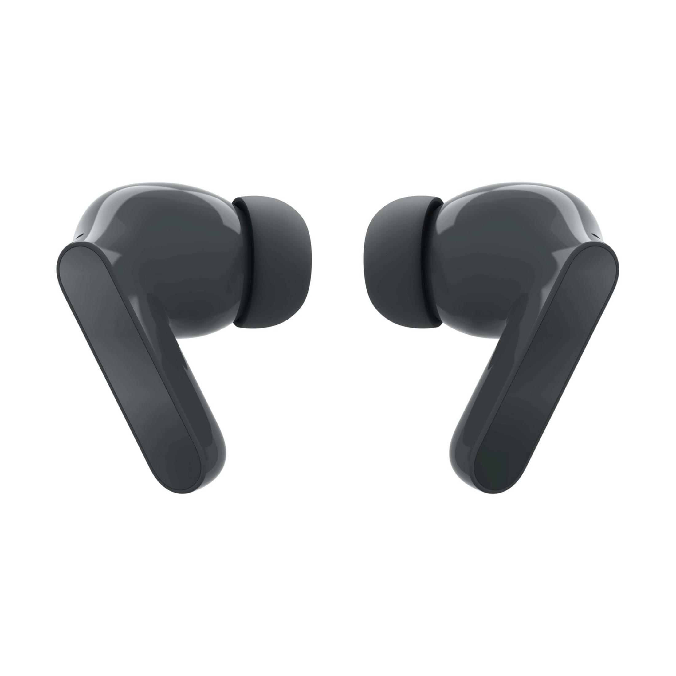 Two dark gray wireless earbuds, isolated on a white background.