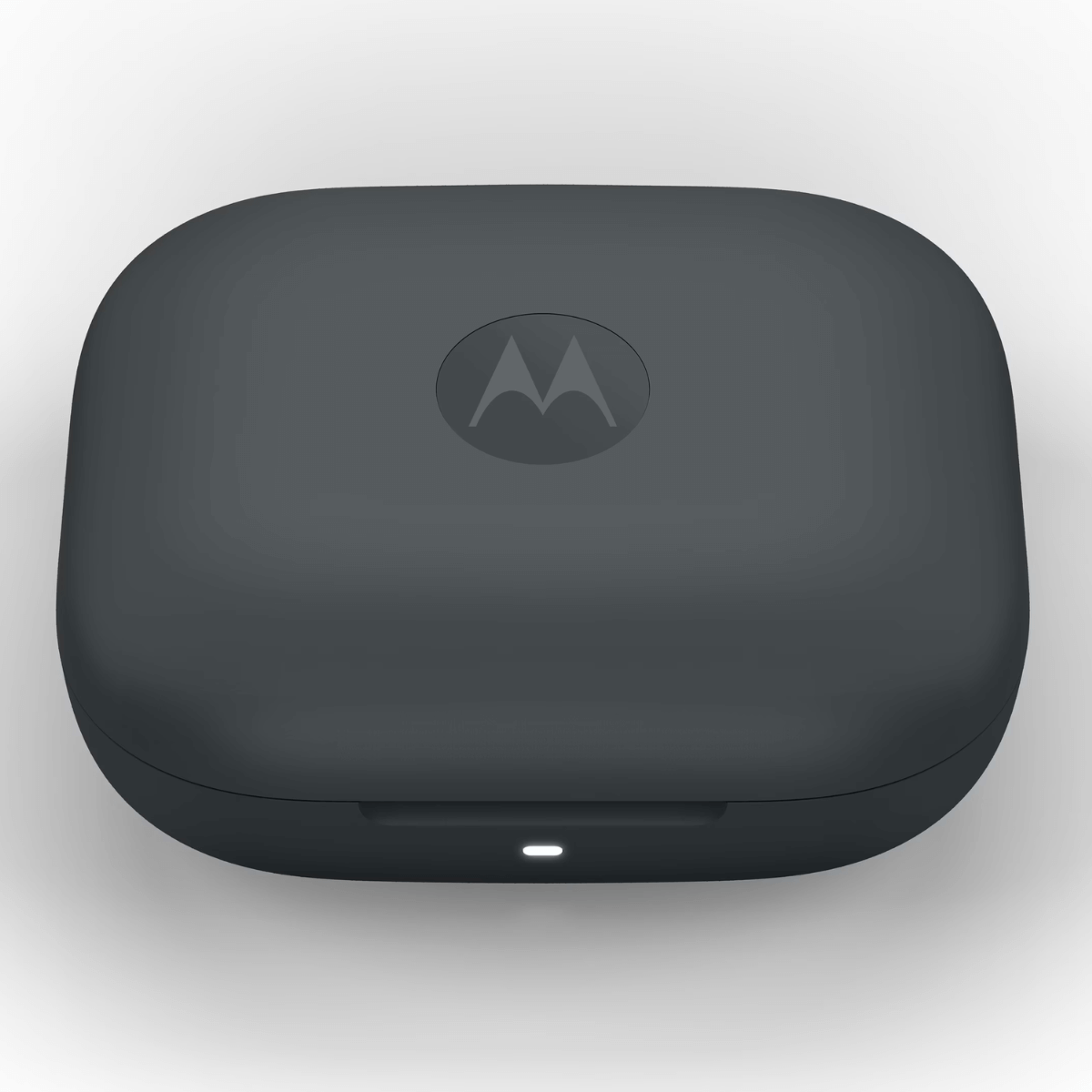 Dark gray charging case with Motorola logo and illuminated LED.