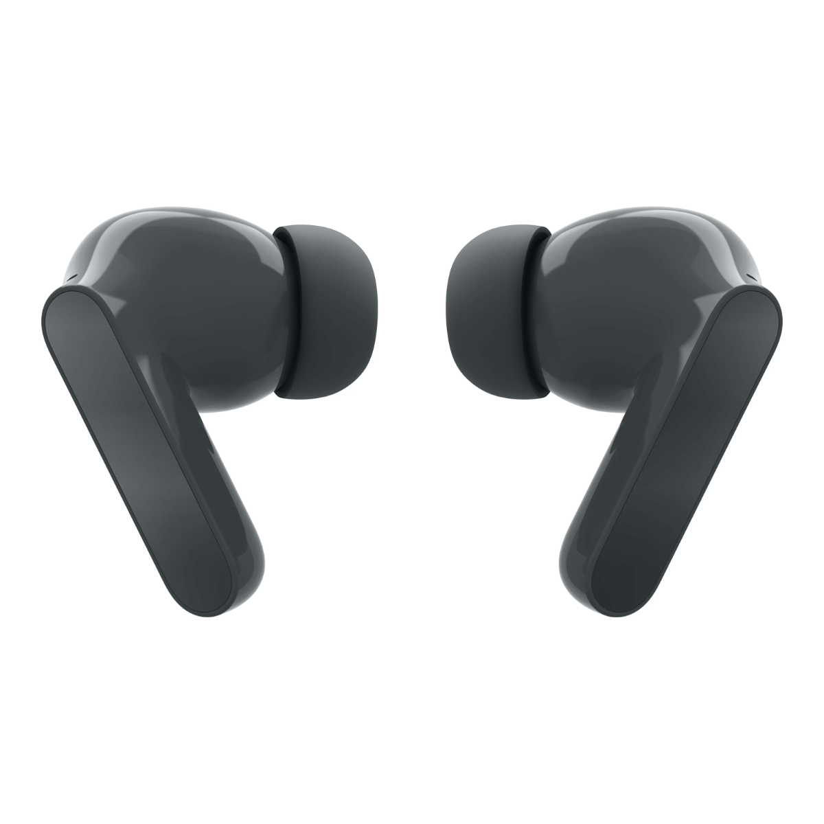 Two dark wireless earbuds on a white background.