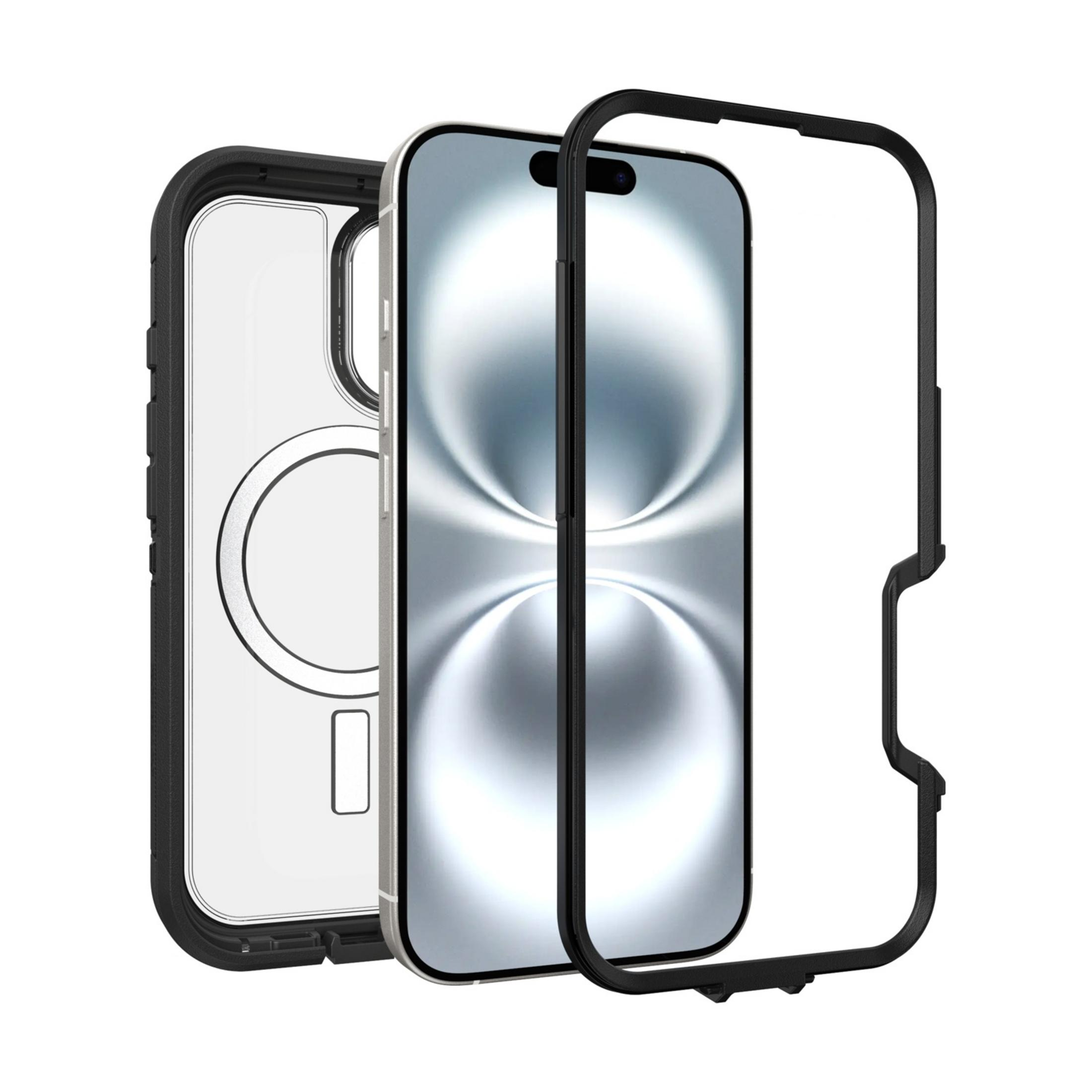 Una custodia protettiva nera per smartphone con retro trasparente e cornice anteriore.