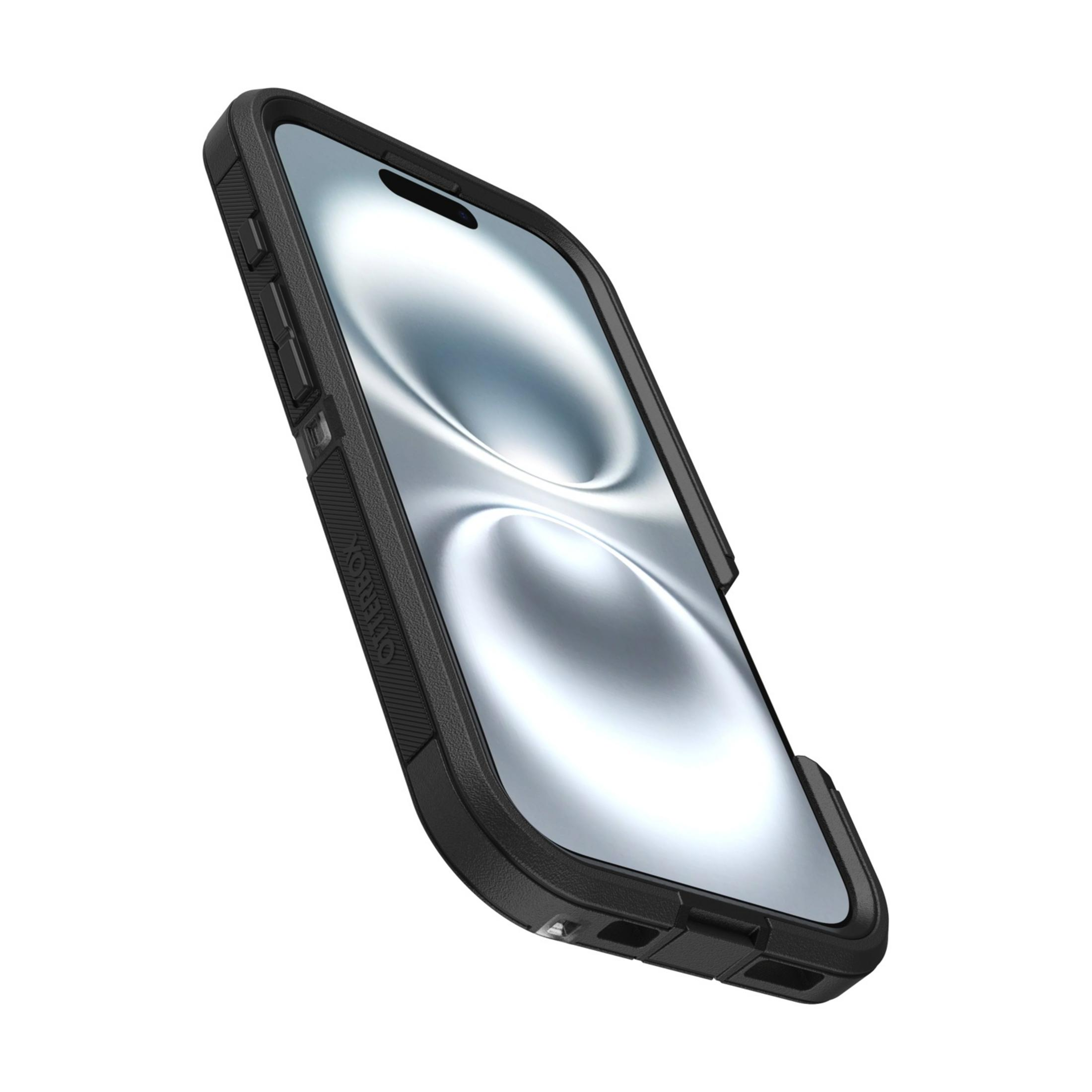Telefono nero in robusta custodia Otterbox, vista ravvicinata.