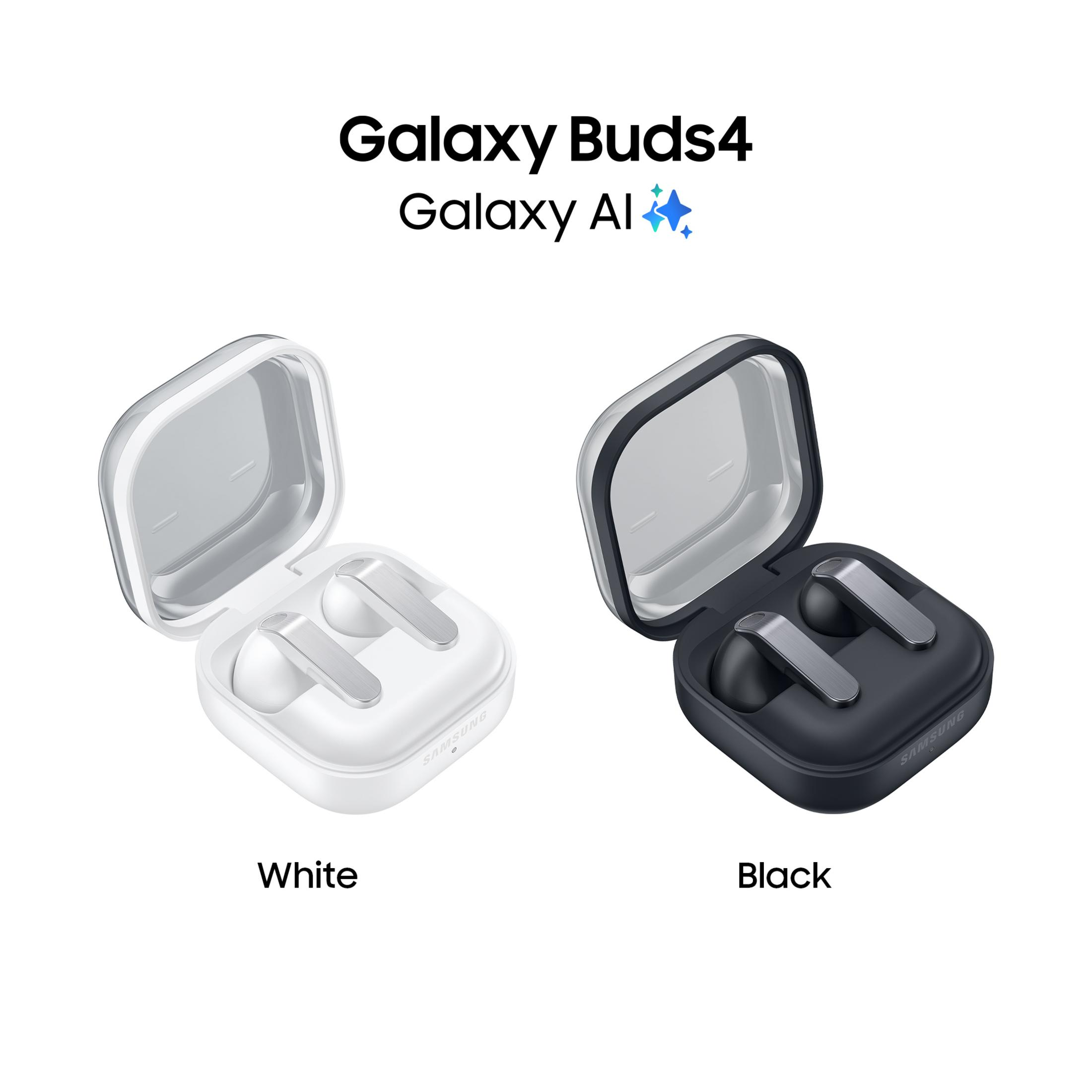 Weiße und schwarze Galaxy Buds4 mit offenen Ladeetuis.