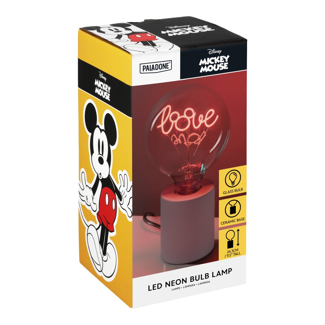 Lampada al neon Mickey Mouse con scritta 'love' su base in ceramica.
