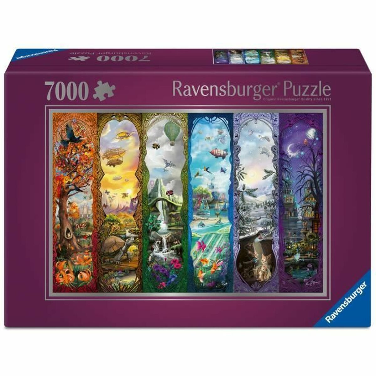 Scatola puzzle Ravensburger da 7000 pezzi con sei scene fantasy.