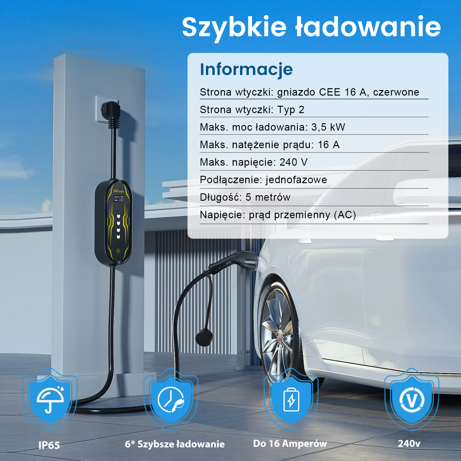 Samochód elektryczny jest ładowany przez stację ładowania. Ładowarka jest czarna z żółtymi akcentami.